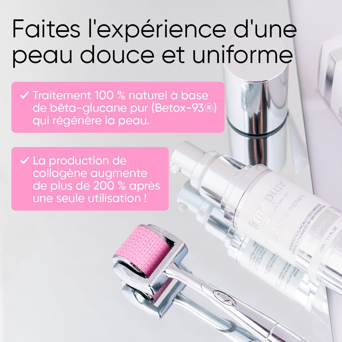 Rouleau facial, flacon de sérum et texte sur l'amélioration de la peau. Inscription : âme pure.