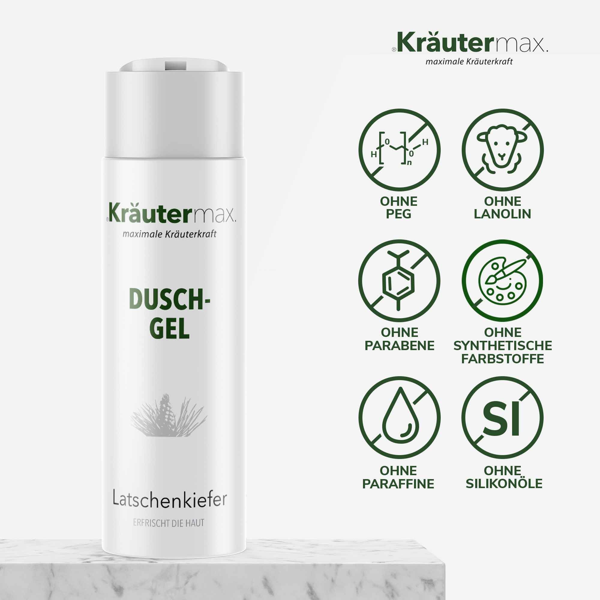 Weißes Duschgel mit grüner Aufschrift Kräutermax, Dusch-Gel, Latschenkiefer. Logos: Ohne PEG, Lanolin, Parabene, synthetische Farbstoffe, Paraffine, Silikonöle.