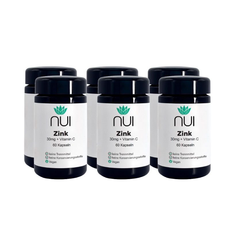Sechs Flaschen NUI Zink plus Vitamin C. Schwarze Deckel, weiße Etiketten mit Logo und Produktinformationen.