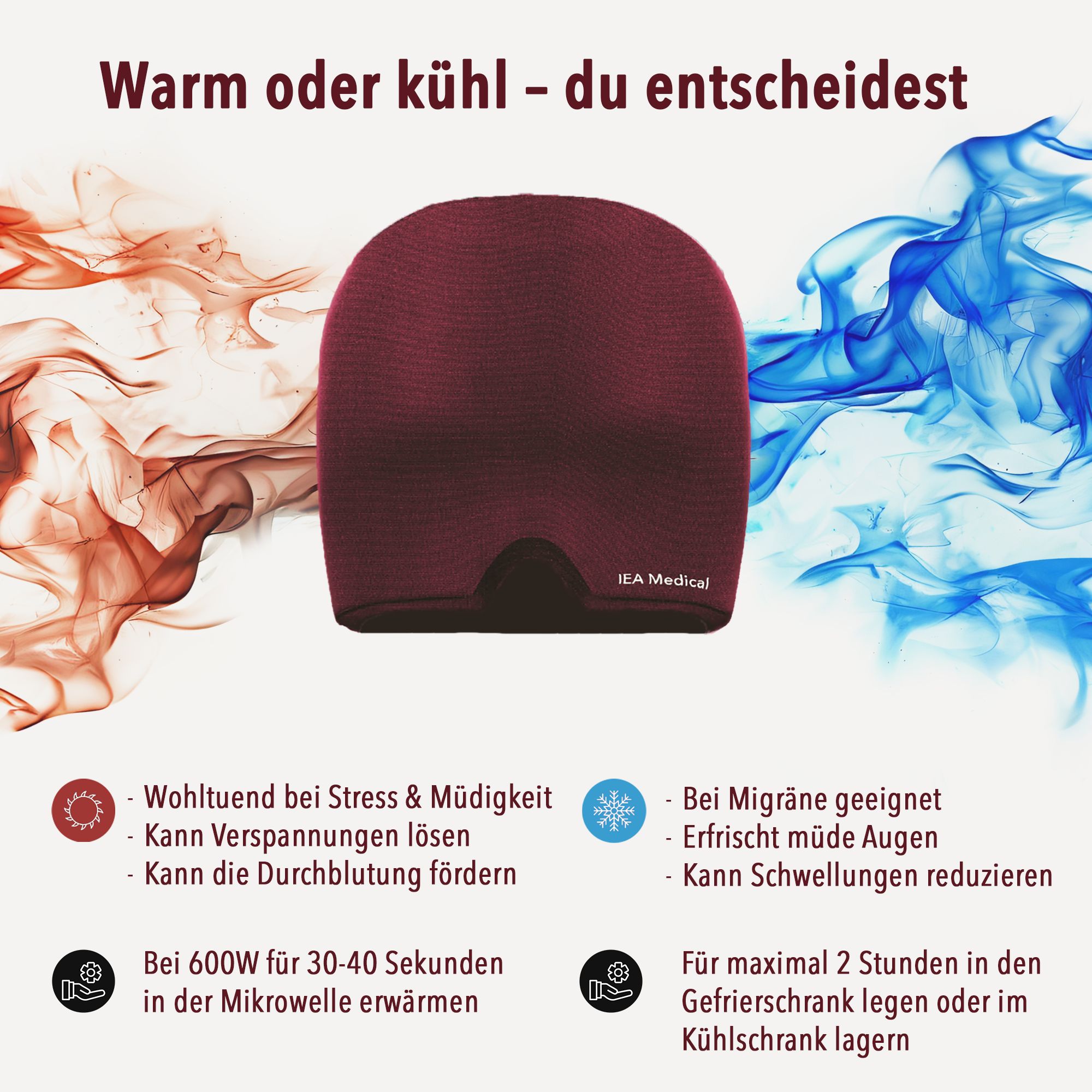 Dunkelrote Migränemaske. Text: Warm oder kühl - du entscheidest. IEA Medical Logo. Produktansicht.