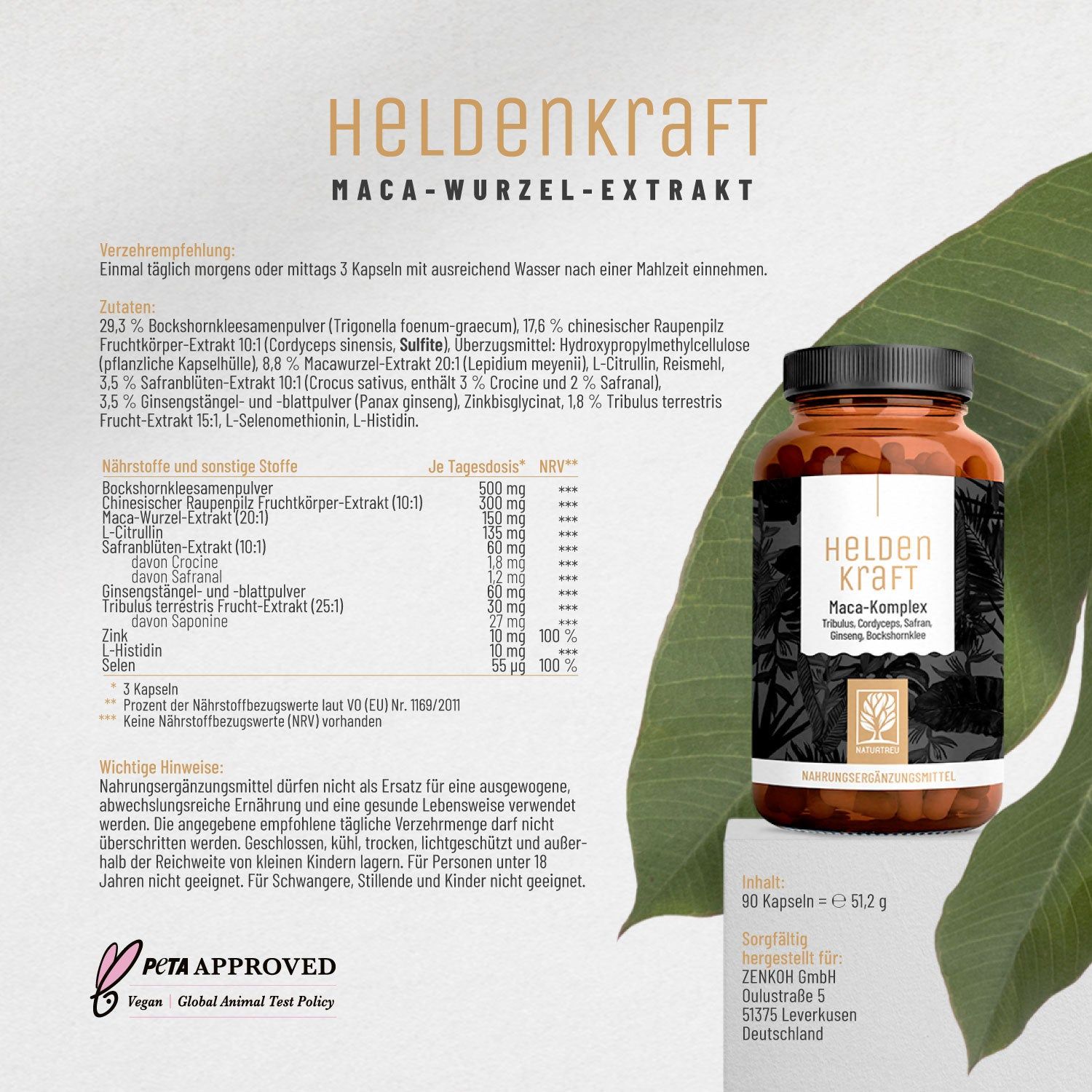 Maca Komplex u.a. mit Tribulus Terrestris, Cordyceps, Bockshornklee - Heldenkraft - NATURTREU®