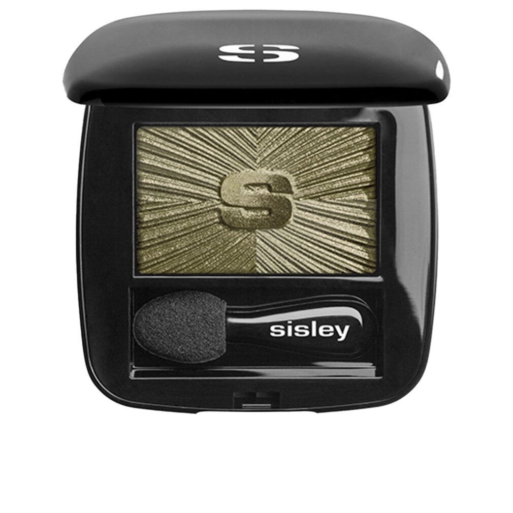 Geschlossene schwarze Sisley Lidschatten-Palette mit Spiegel und Applikator. Goldfarbener Lidschatten mit 'S'-Logo. Applikator mit 'sisley'-Schriftzug.