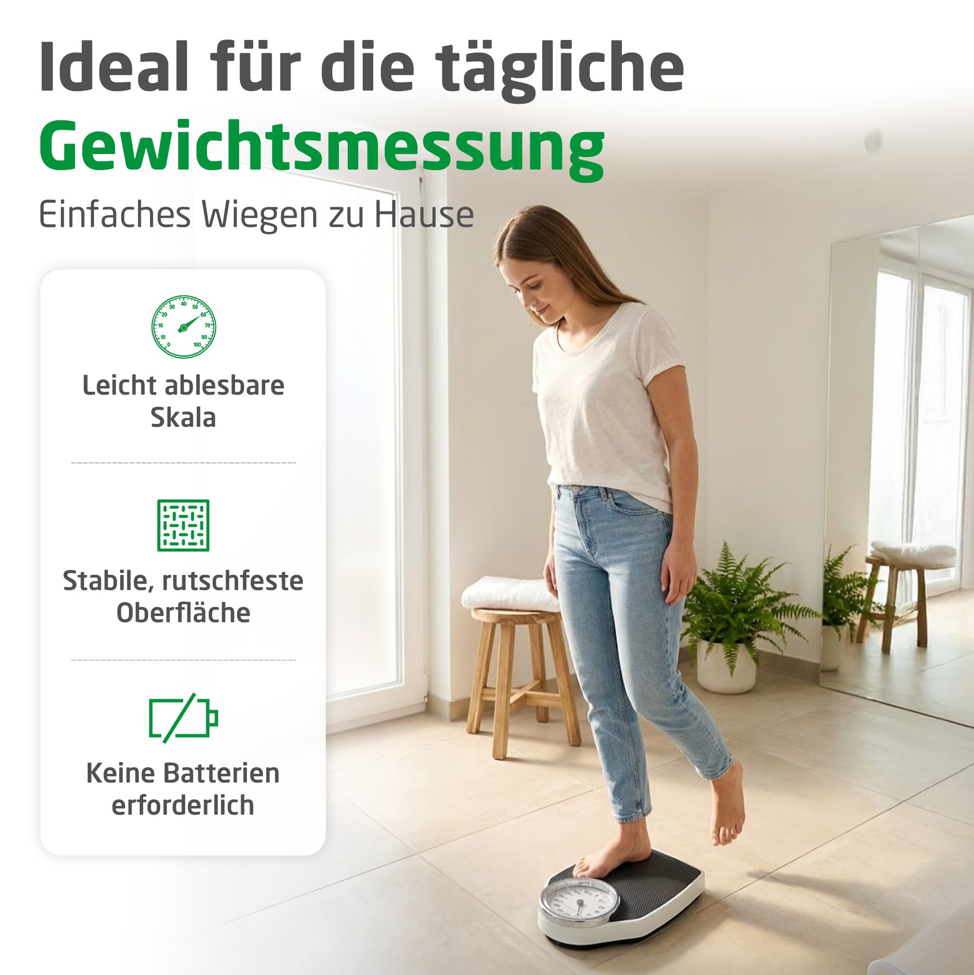 Frau wiegt sich auf einer analogen Personenwaage ohne Batterien.