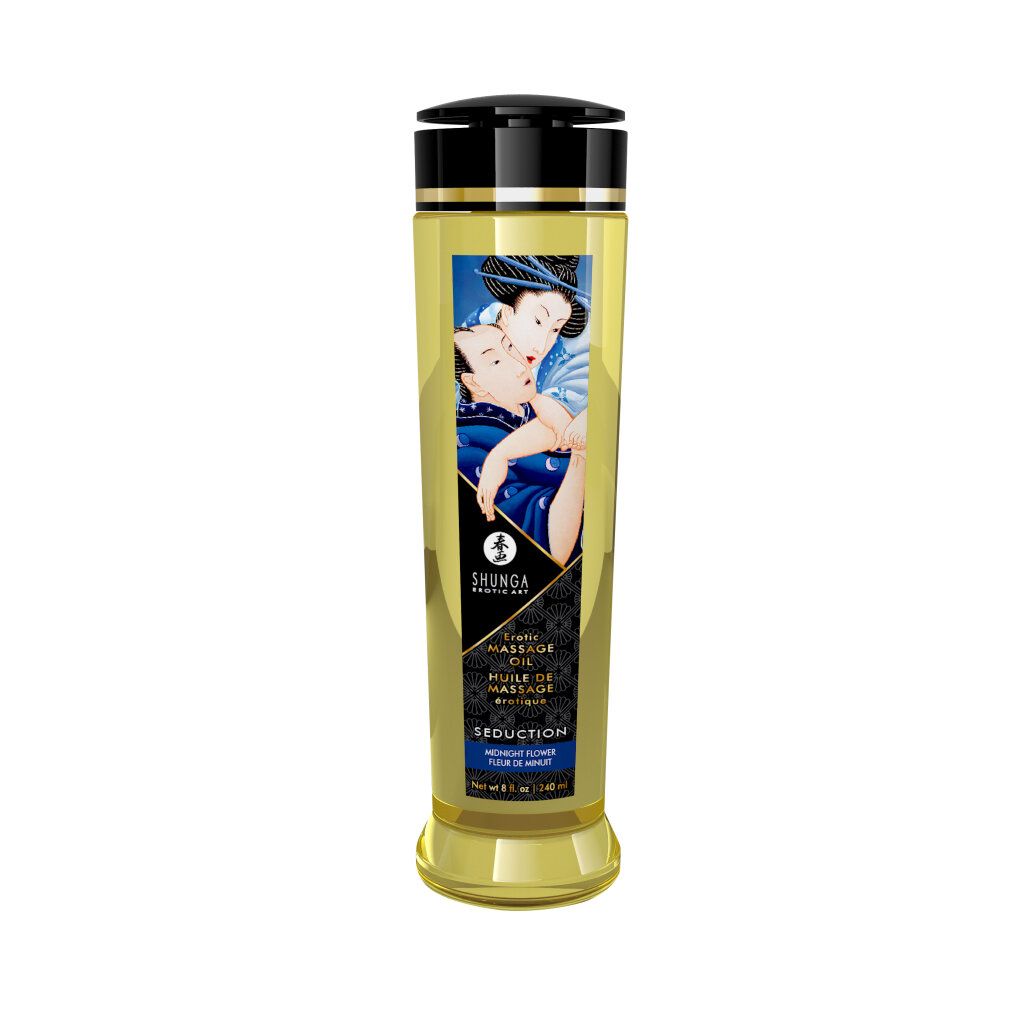 Zylindrische Flasche mit Massageöl. Aufdruck mit Paar. Schwarzer Deckel. Produktname und Volumenangabe.