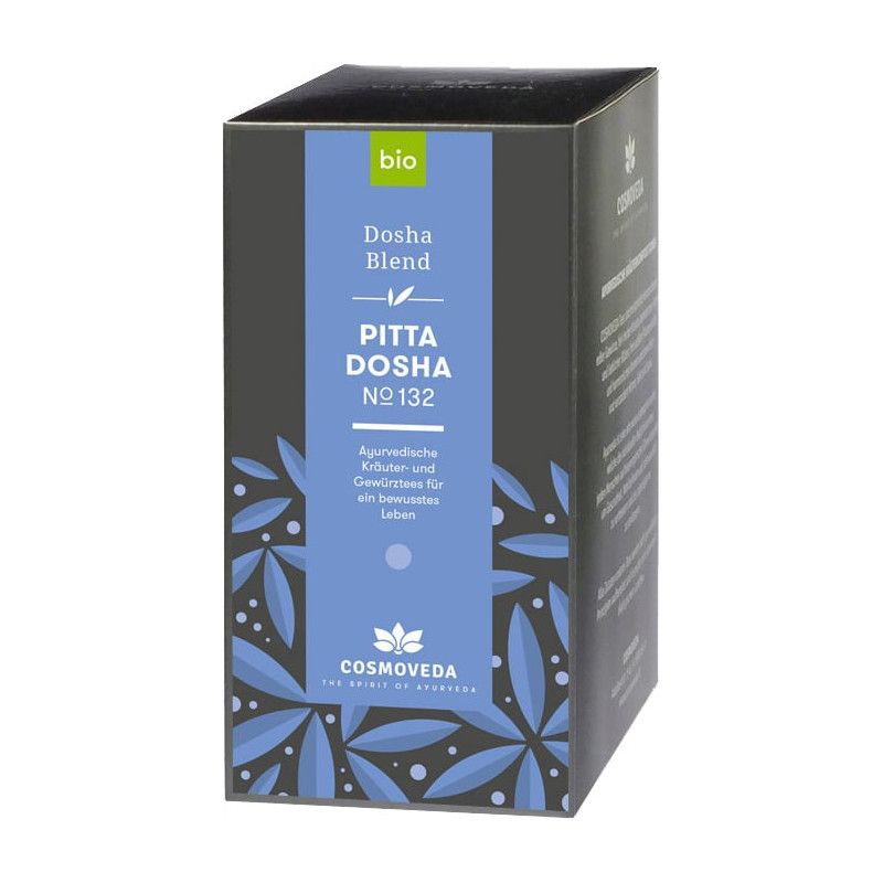 Schwarze Pappschachtel mit blauem Label. Aufschrift: PITTA DOSHA Nr. 132, BIO. Marke: COSMOVEDA.