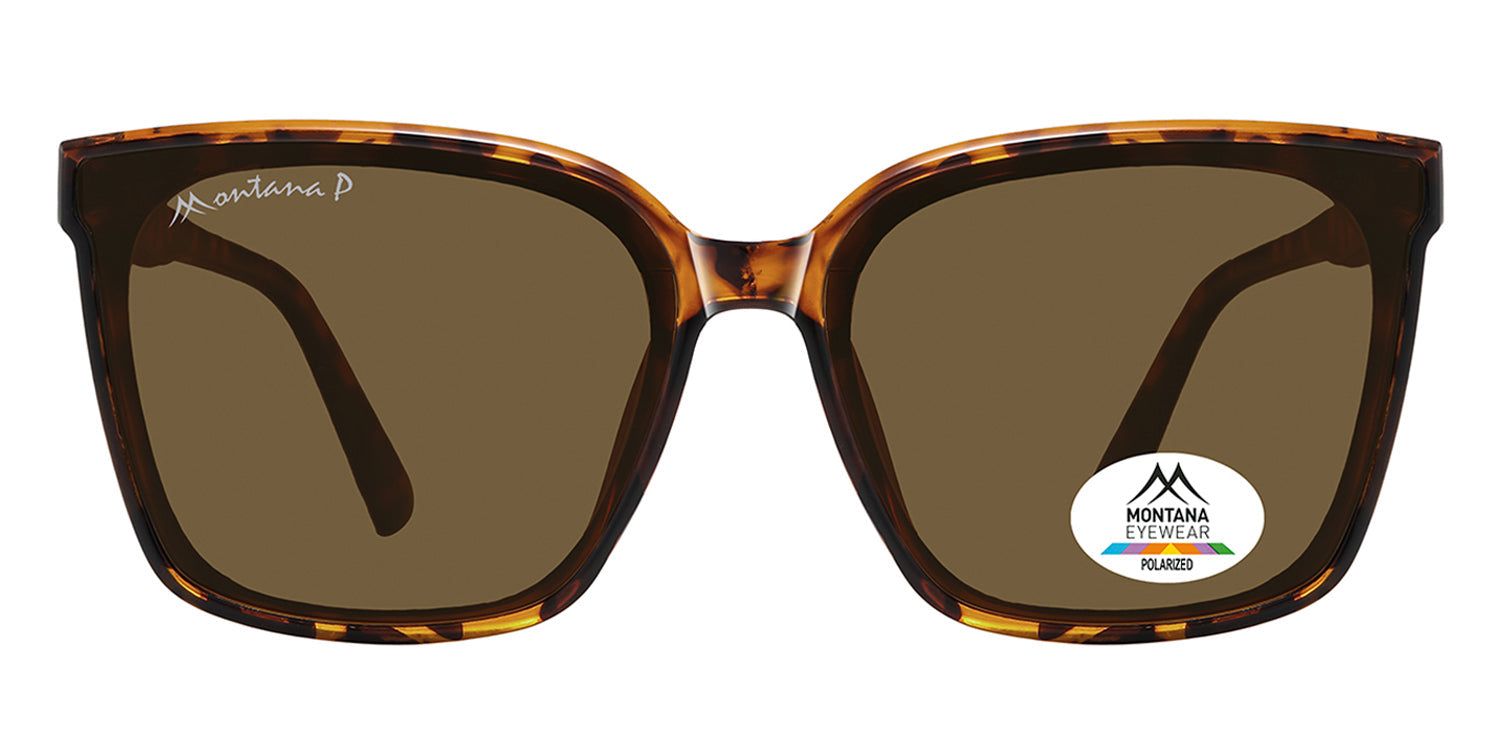 Sonnenbrille mit braunen Gläsern und Schildpatt-Rahmen. Montana Eyewear Logo auf dem Bügel und Glas. Polarisiert.
