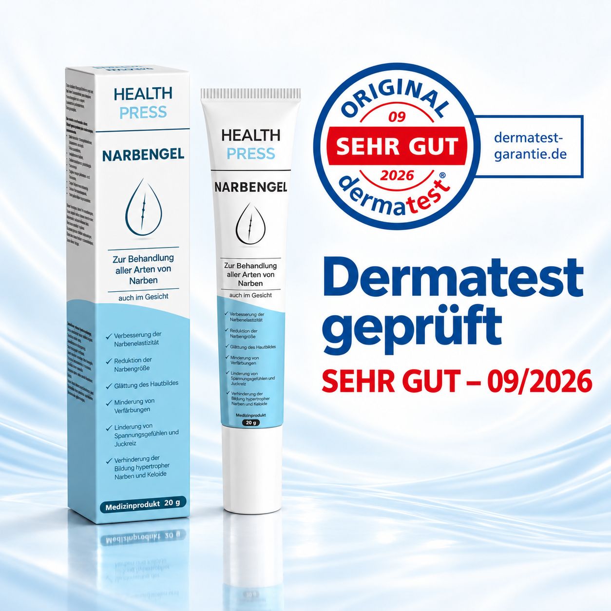 Health Press Narbengel, Dermatest geprüft 'Sehr Gut'.
