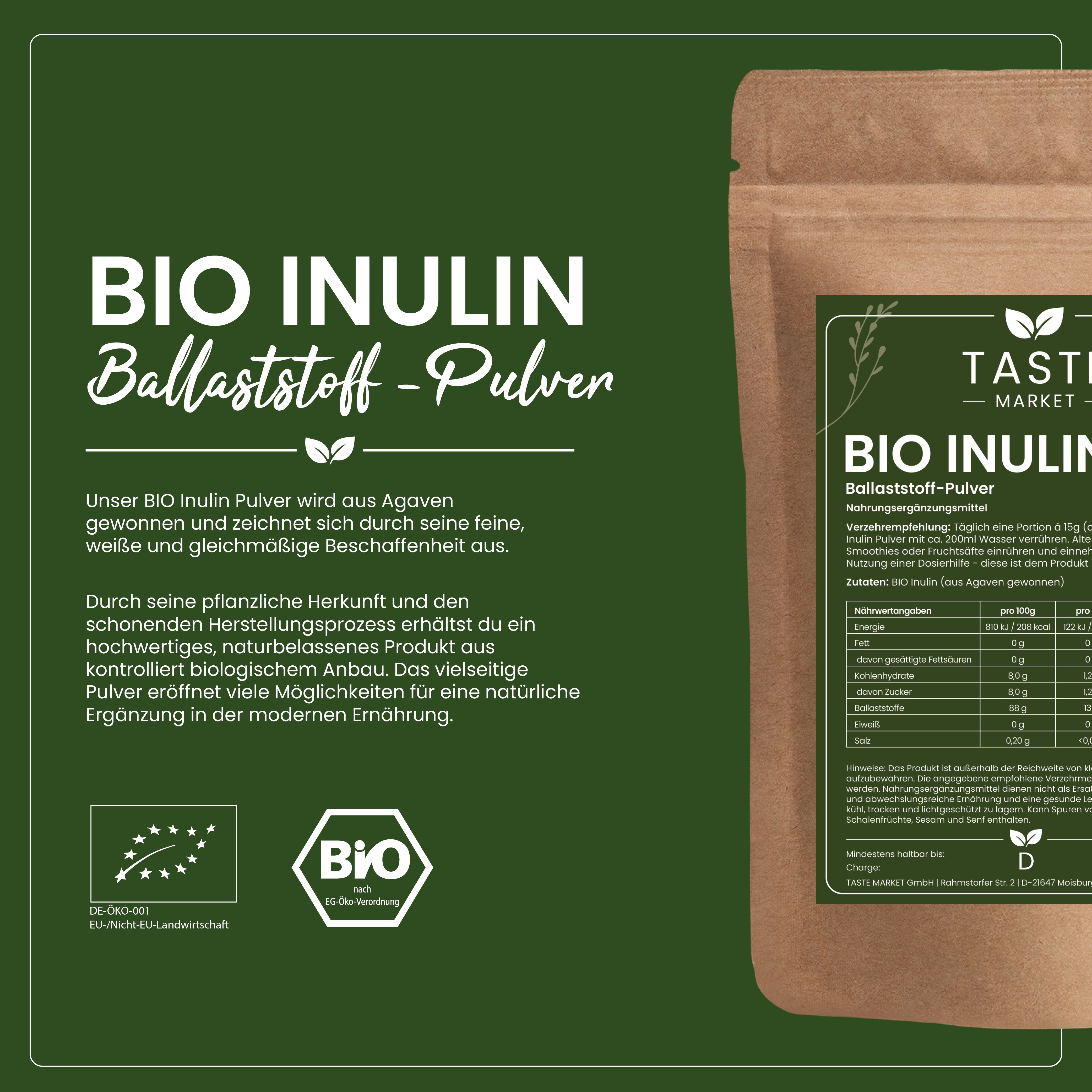 Taste Market Bio Inulin Ballaststoff-Pulver aus Agaven, biologisch angebaut.