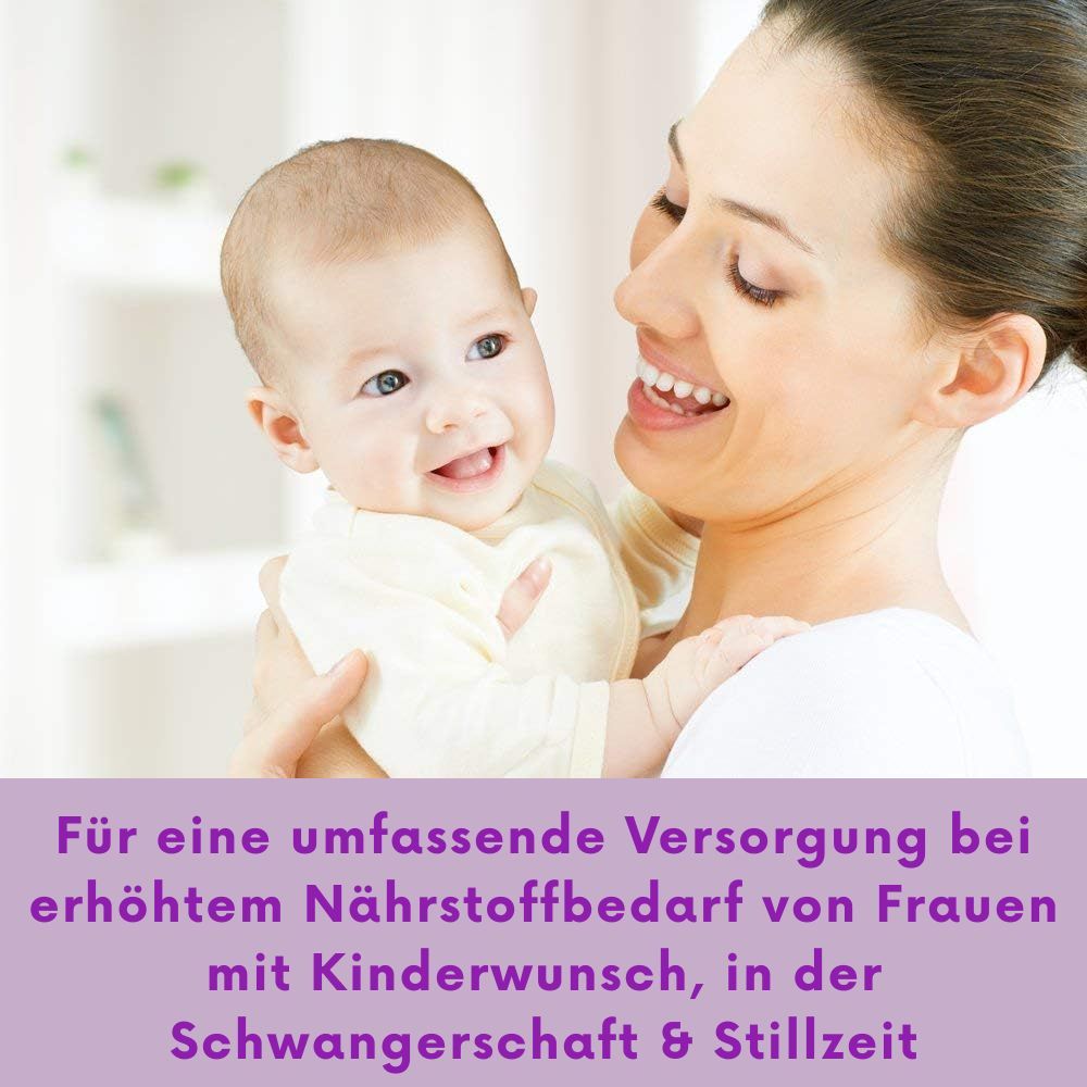 Frau hält Baby im Arm. Text: Für eine umfassende Versorgung bei erhöhtem Nährstoffbedarf von Frauen. Lila.