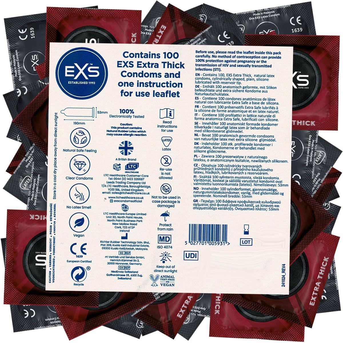 Packung mit 100 EXS Extra Thick Kondomen und Gebrauchsanweisung. Enthält Informationen zu Inhaltsstoffen und Zertifizierungen.