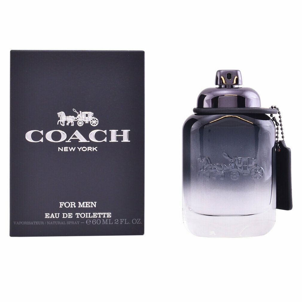 Coach For Men Eau de Toilette. Flakon und Verpackung. Schwarze Verpackung mit Logo und Schriftzug. Flakon mit Anhänger.