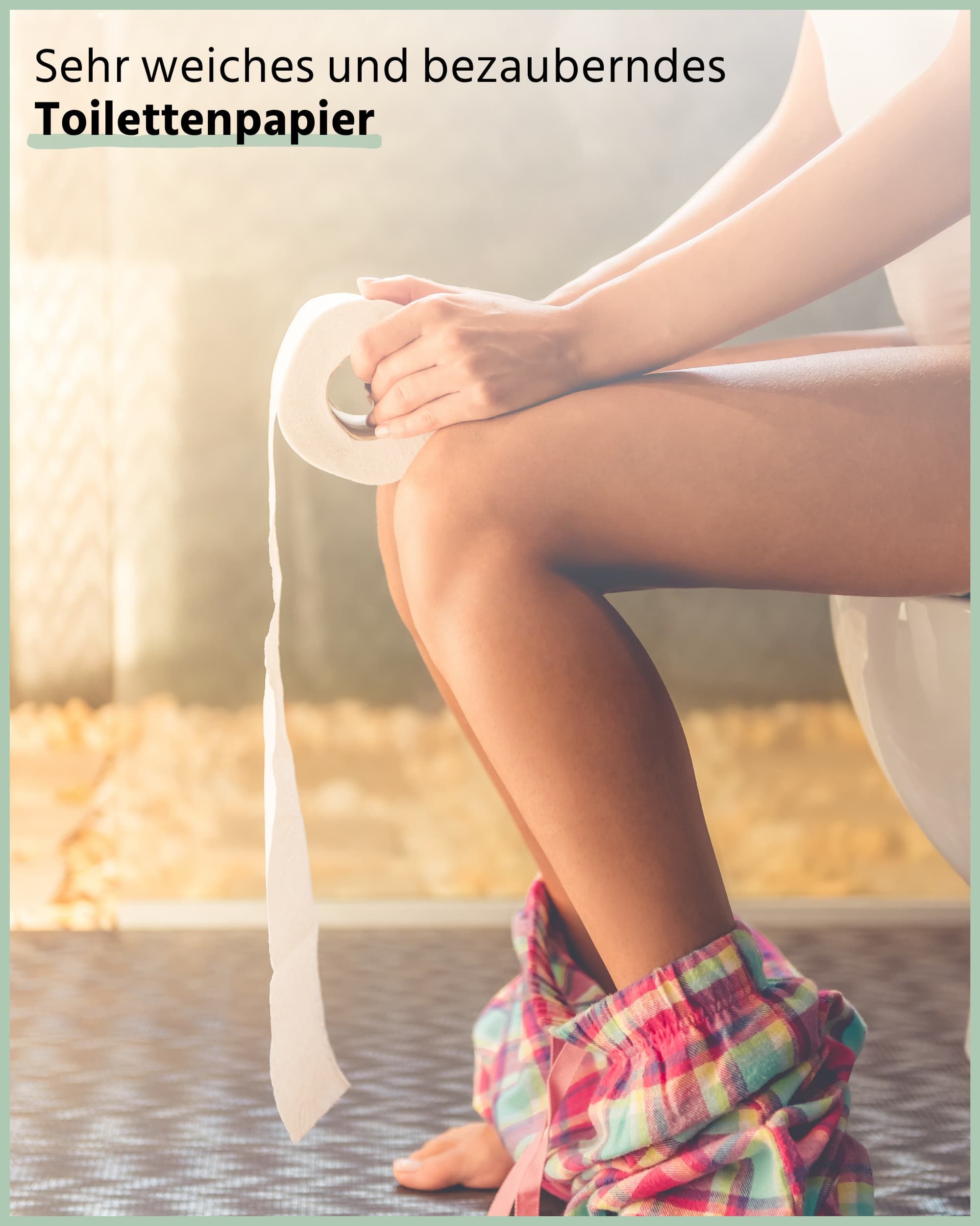 Person sitzt auf Toilette und hält Toilettenpapierrolle mit Kamillenmuster.