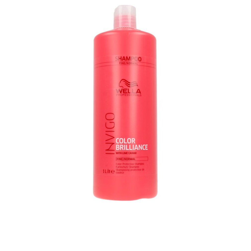 Rote Shampoo-Flasche. Aufschrift: SHAMPOO, Wella Professionals, Invigo Color Brilliance, Fine/Normal. 1 Liter.