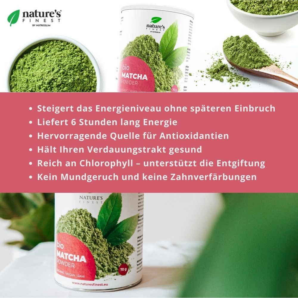 Text mit Informationen zu Bio Matcha Pulver. Vorteile, Inhaltsstoffe, Herkunft, Lagerung, Garantie.