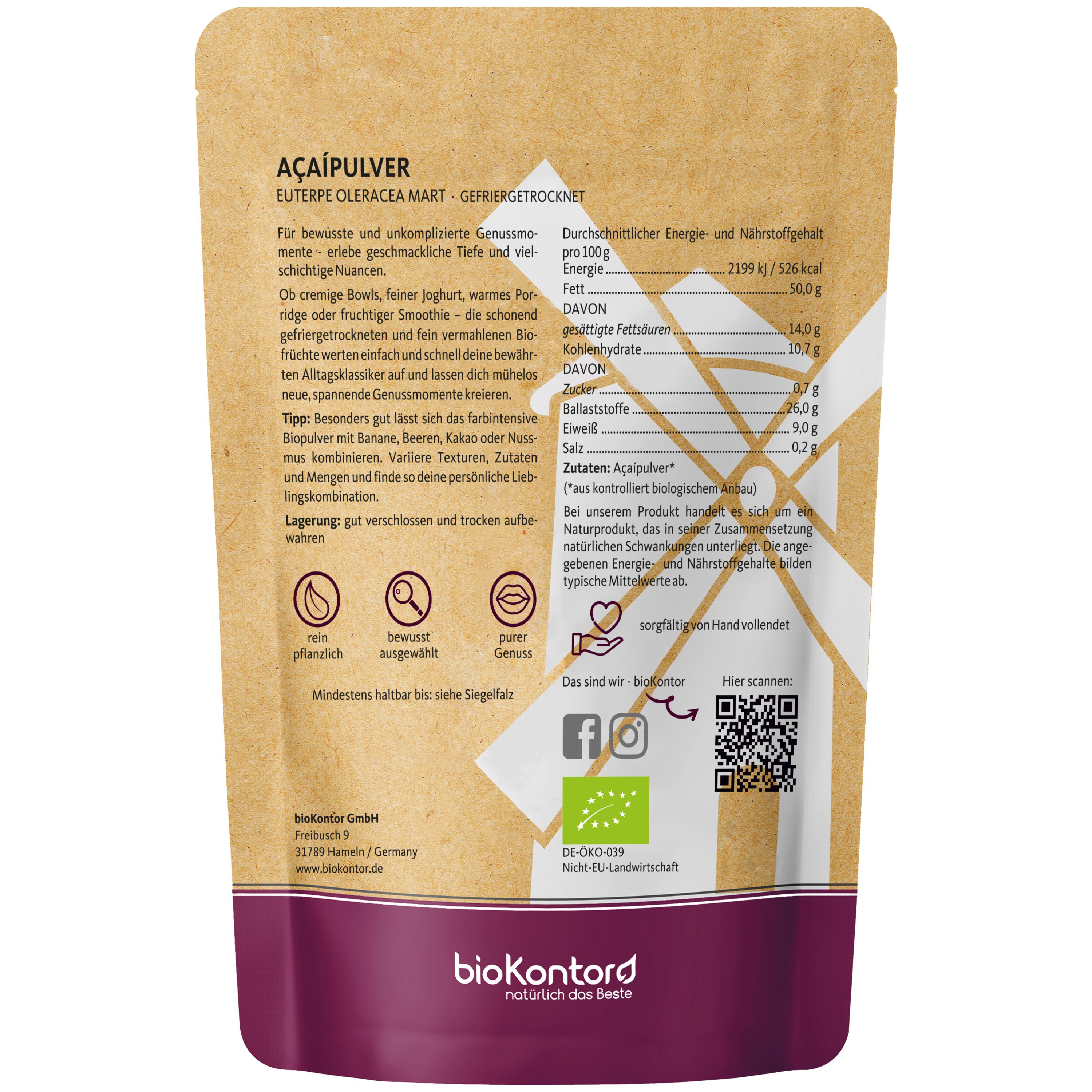 BioAçaí Pulver in brauner Papiertüte mit Nährwertangaben und Bio-Siegel.