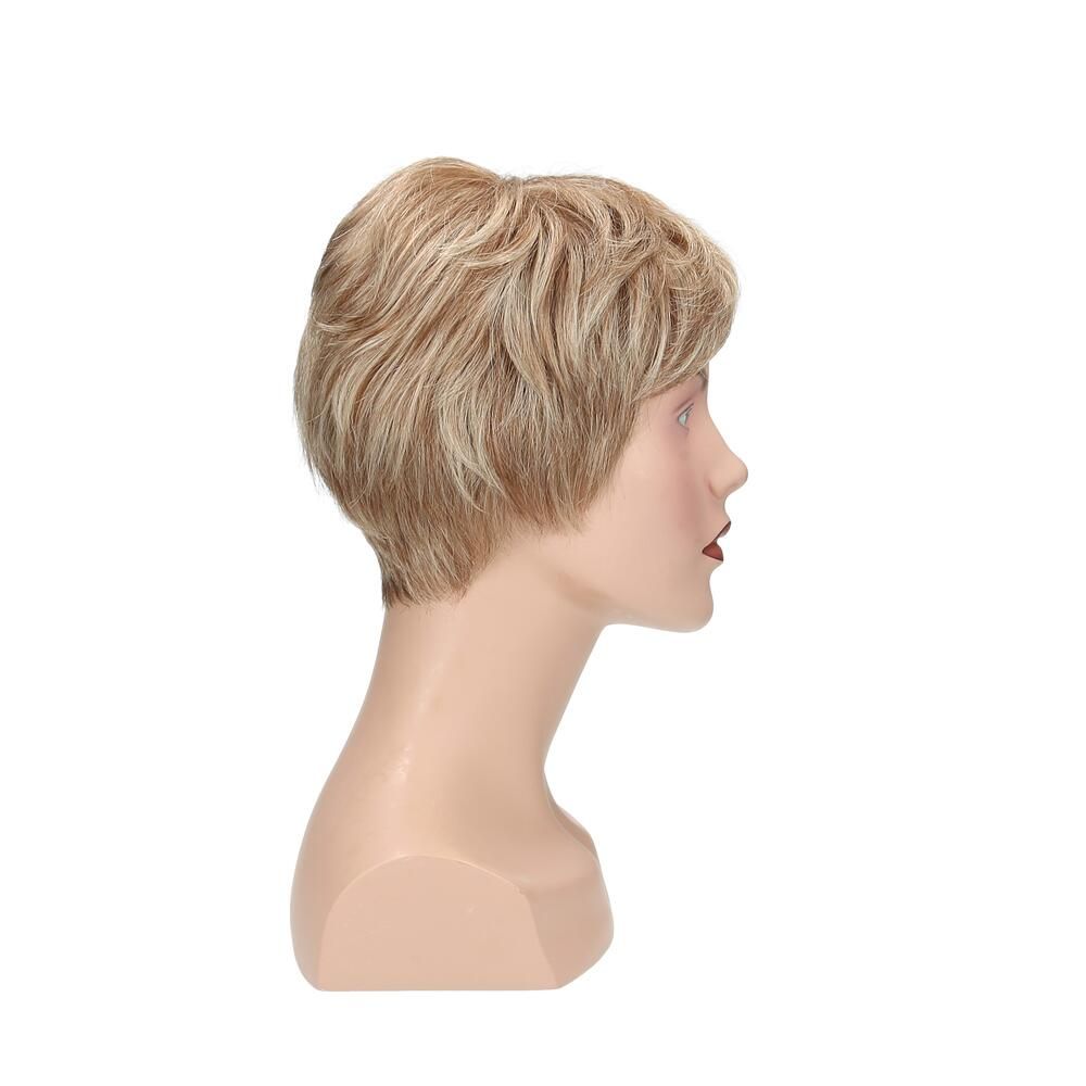 Perücke Lima, blondiertes Kunsthaar, auf einer Büste. Seitenansicht. Kurzer, gewellter Haarschnitt.
