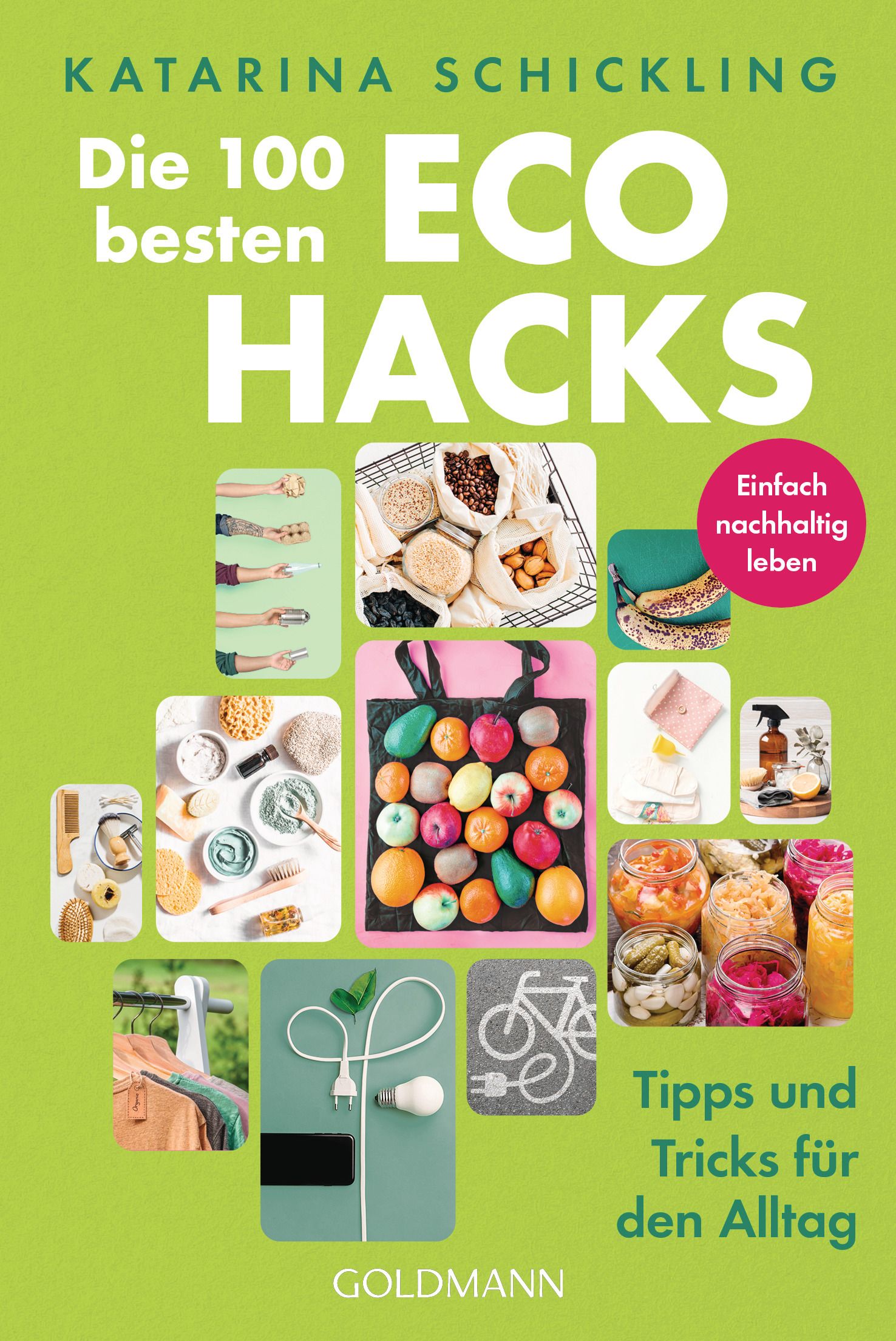 Buchcover: "Die 100 besten Eco Hacks". Titel in Großbuchstaben. Grüner Hintergrund mit Illustrationen von Lebensmitteln und Alltagsgegenständen.