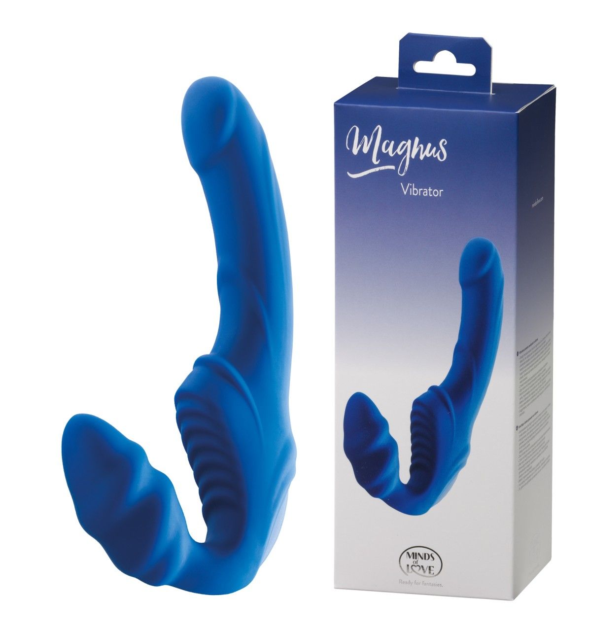 Blauer Vibrator neben Verpackung. Produktname "Magnus" und "Vibrator" auf der Box. Marke "MINDS of LOVE".