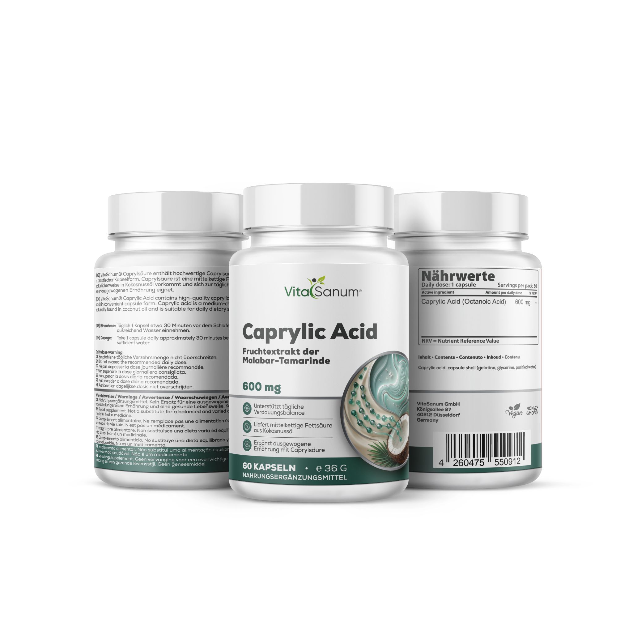 Drei VitaSanum Caprylic Acid 600 mg Kapselbehälter. Einer vorne, zwei hinten. Etiketten mit Produkt- und Nährwertinformationen.