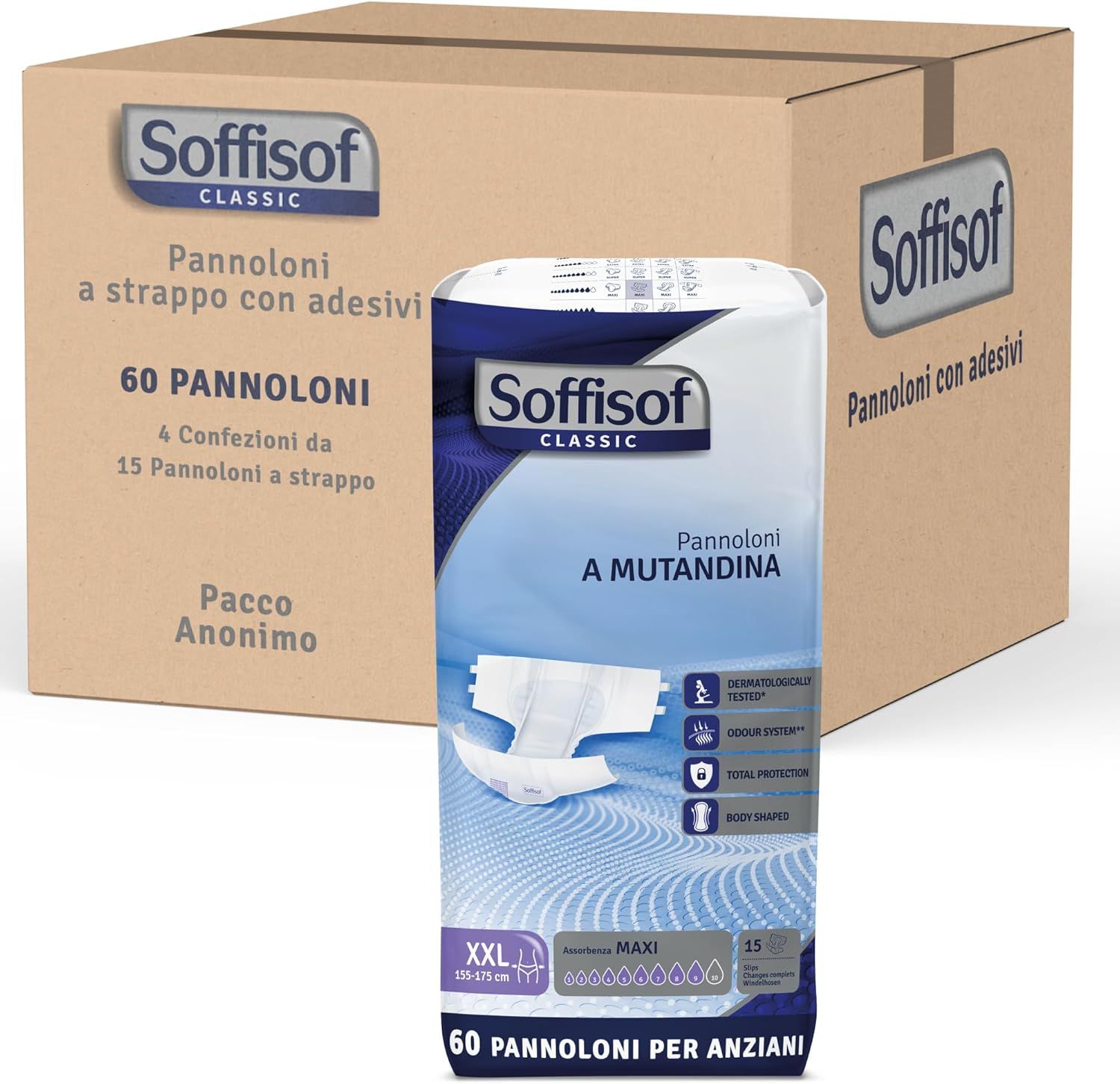 Soffisof Classic Windeln für Erwachsene Maxi, 60 Stück. Karton mit Produktverpackung und Produktabbildung.