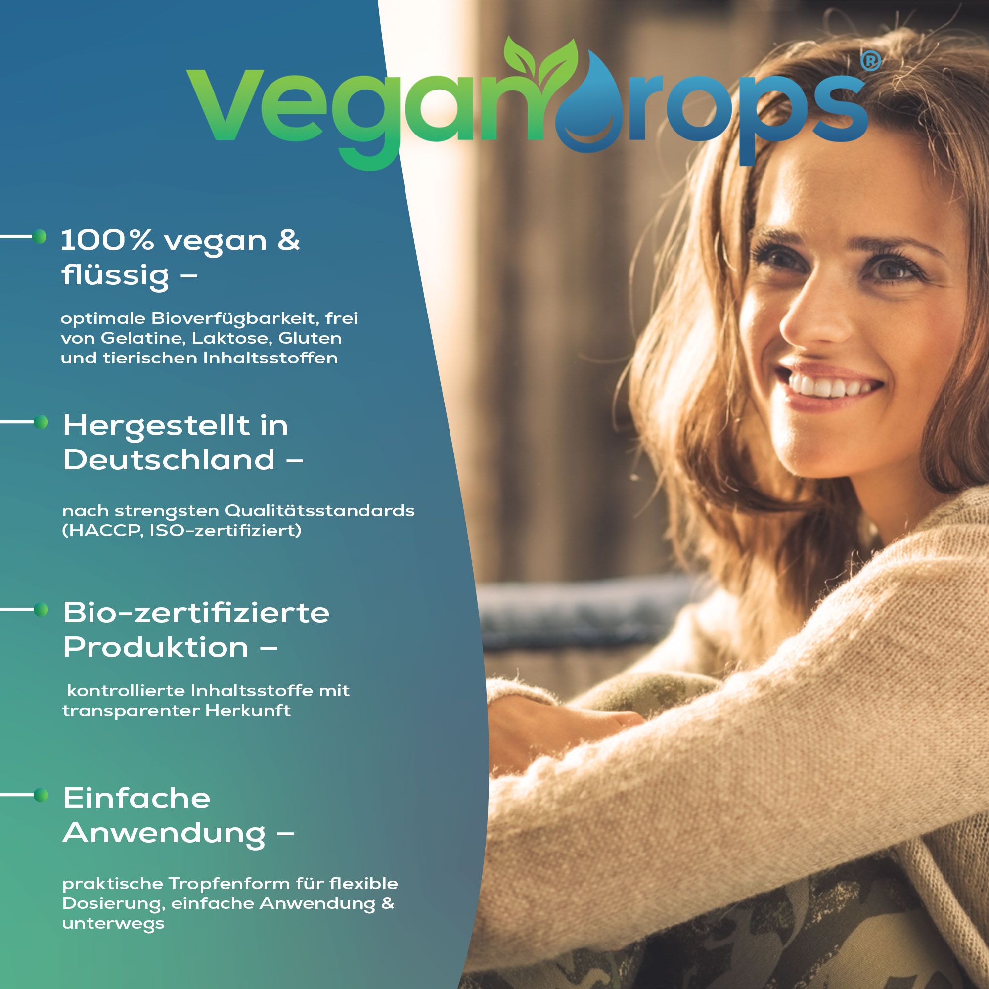 Frau lächelt. Text: "Vegan Drops", Vorteile, Zertifizierungen. Flasche mit Tropfer.