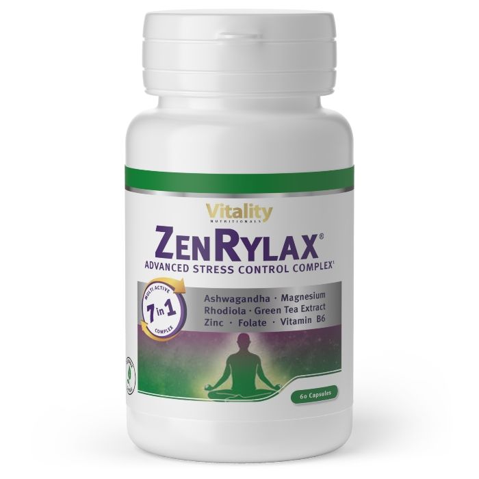 Weiße Flasche mit grünem Streifen und Aufschrift ZENRYLAX. Enthält 60 Kapseln. Zutaten: Ashwagandha, Magnesium, Rhodiola, Grüntee-Extrakt, Zink, Folat, Vitamin B6.