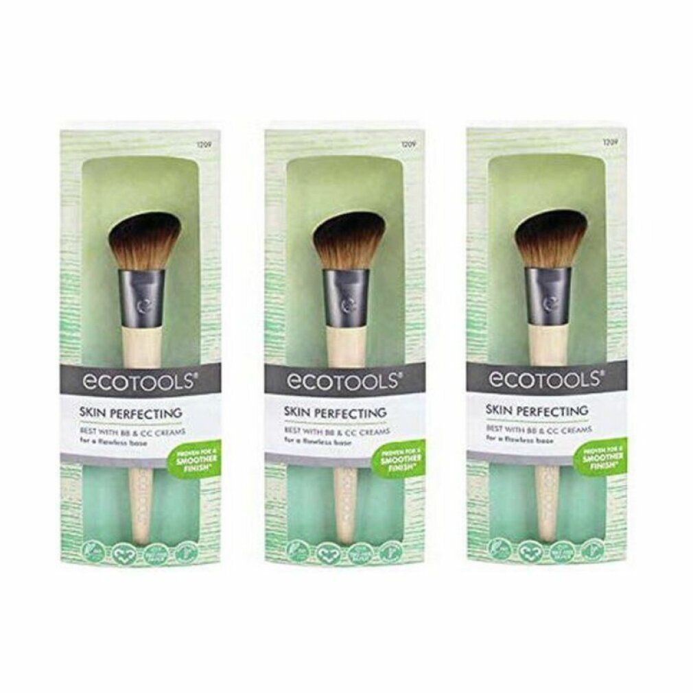 Drei Ecotools Haut Perfecting Pinsel in Verpackung. Schwarze Borsten, silberne Manschette, heller Holzgriff. Verpackung mit Produktnamen.