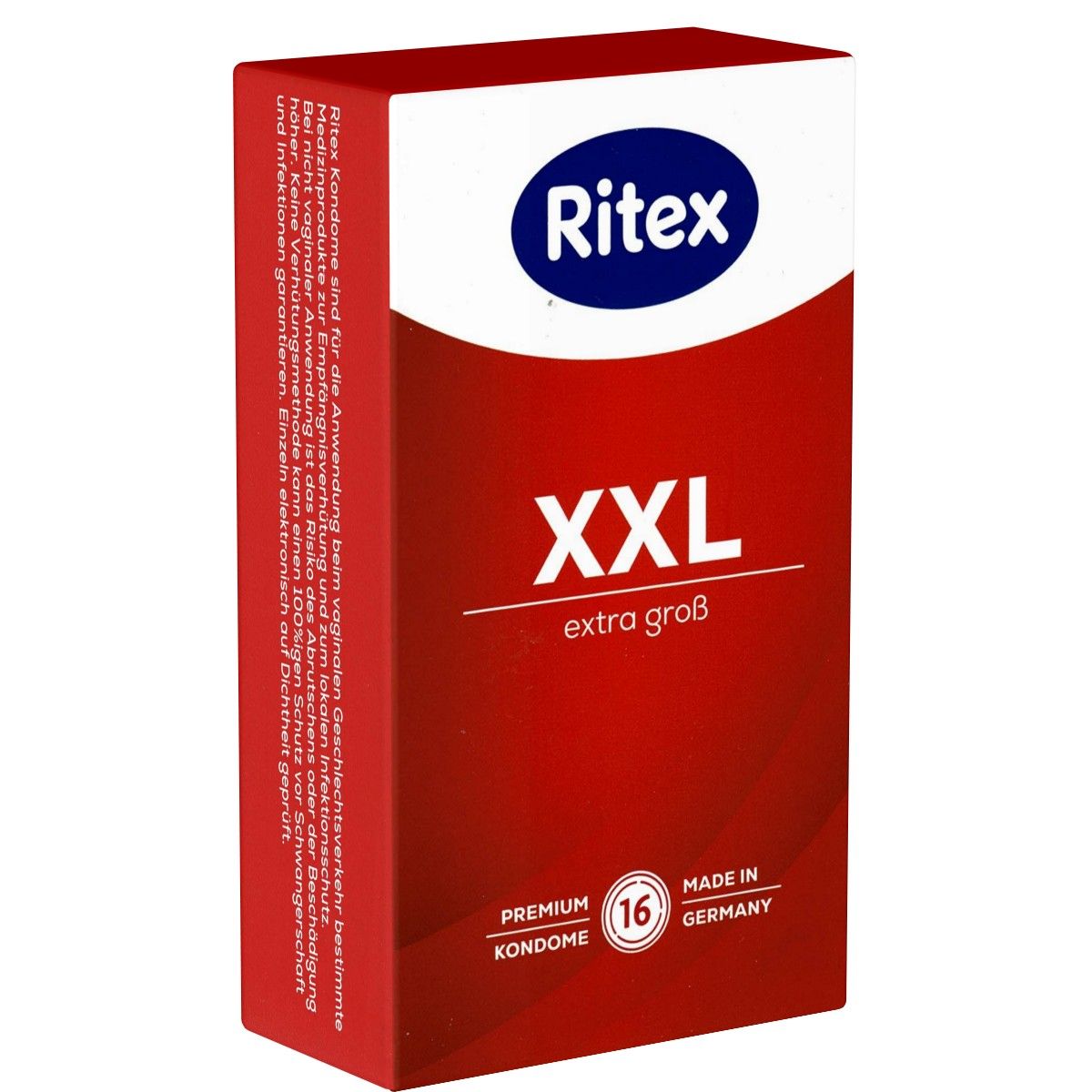 Rote Verpackung mit weißem Ritex-Logo und XXL-Schriftzug. Enthält 16 Premium Kondome. Hergestellt in Deutschland.