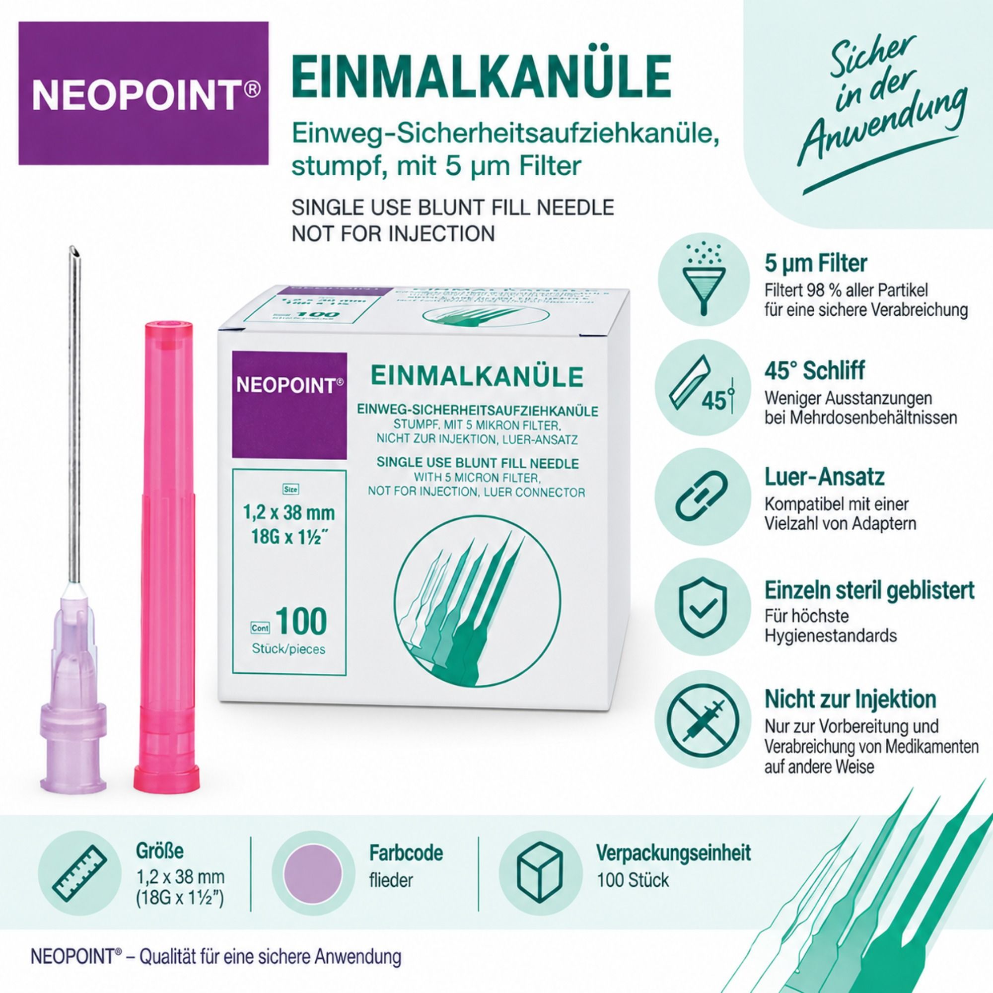 Neopoint Einweg-Sicherheitsaufziehkanüle 18G 1,2 x 38 mm mit Filter