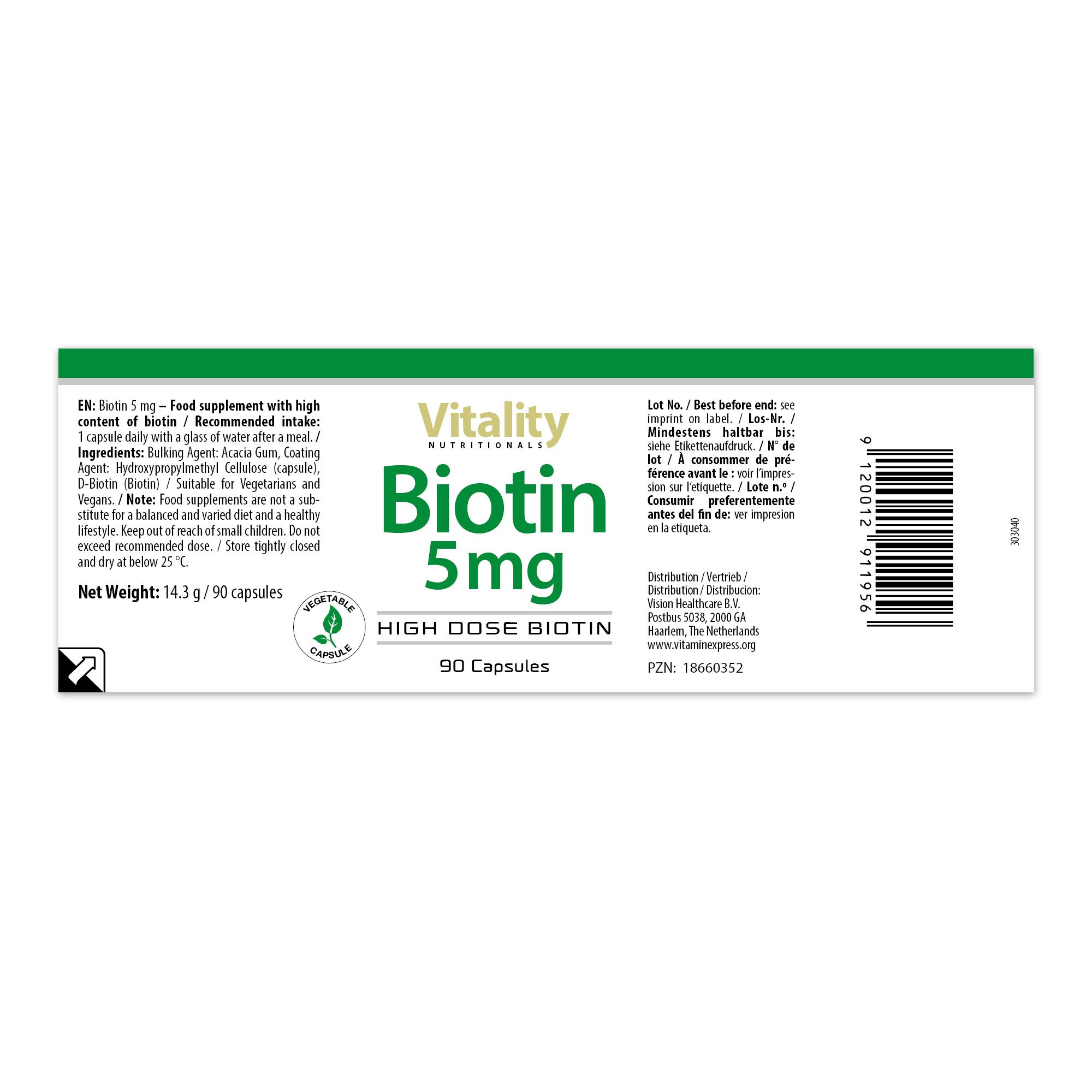 Etikett mit Produktinformationen. Aufschrift: Biotin 5mg, 90 Kapseln. Marke: Vitality Nutritionals. Enthält Barcode.