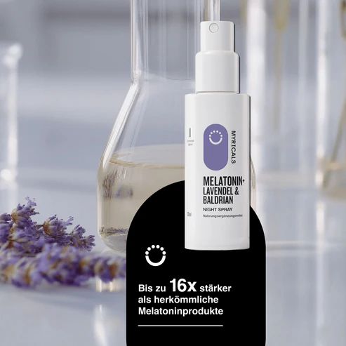 Weiße Sprühflasche. Aufschrift: MYRICALS, MELATONIN+ LAVENDEL & BALDRIAN NIGHT SPRAY. Text: Bis zu 16x stärker als herkömmliche Melatoninprodukte.