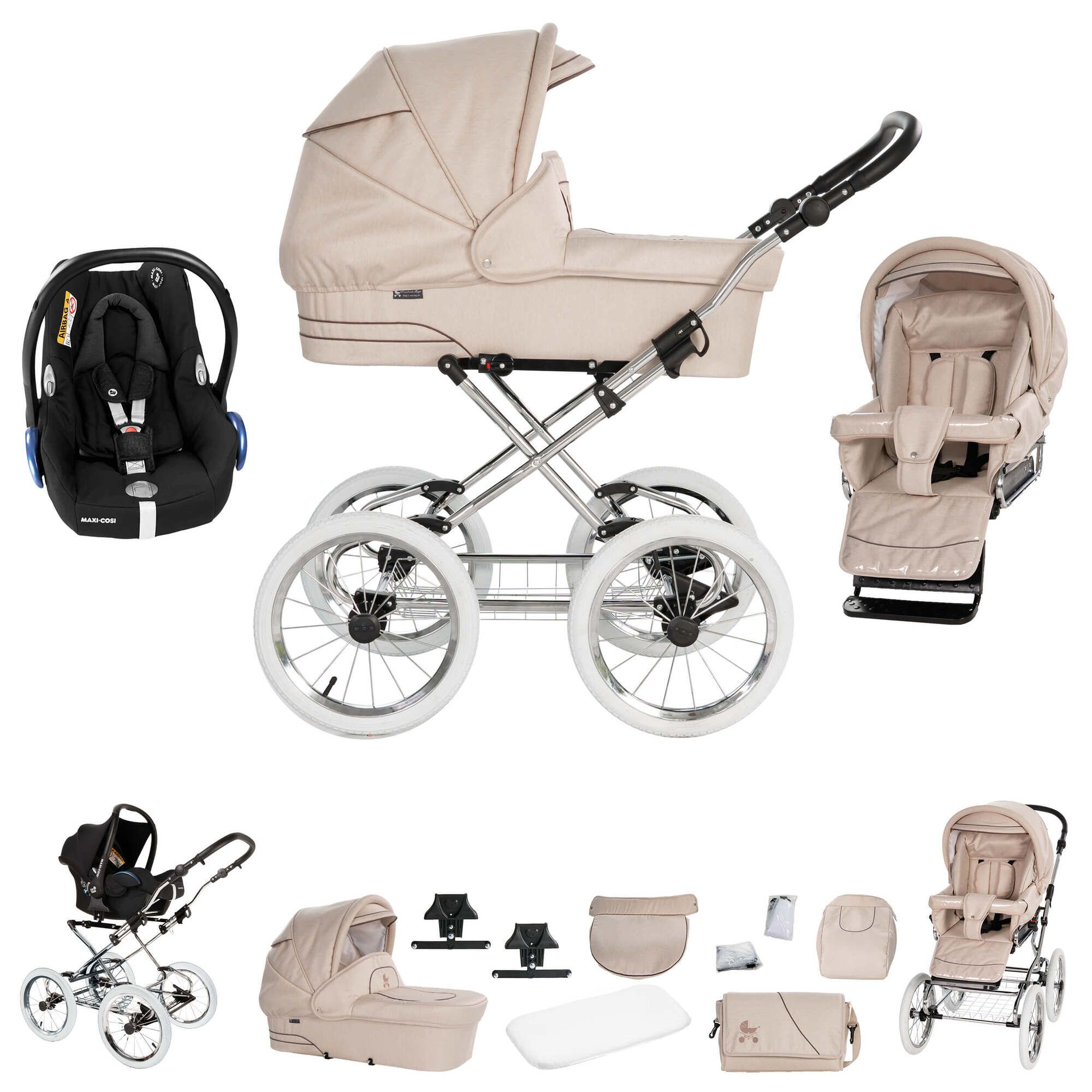 Kinderwagen mit Maxi Cosi, Sandfarben, Chromgestell, weiße Räder. Mehrere Ansichten, Zubehörteile.