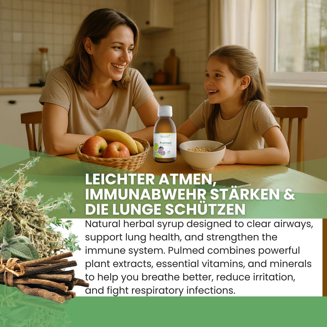Frau und Kind sitzen am Tisch mit Obst und einer Flasche. Text: Leichter atmen, Immunabwehr stärken & die Lunge schützen.