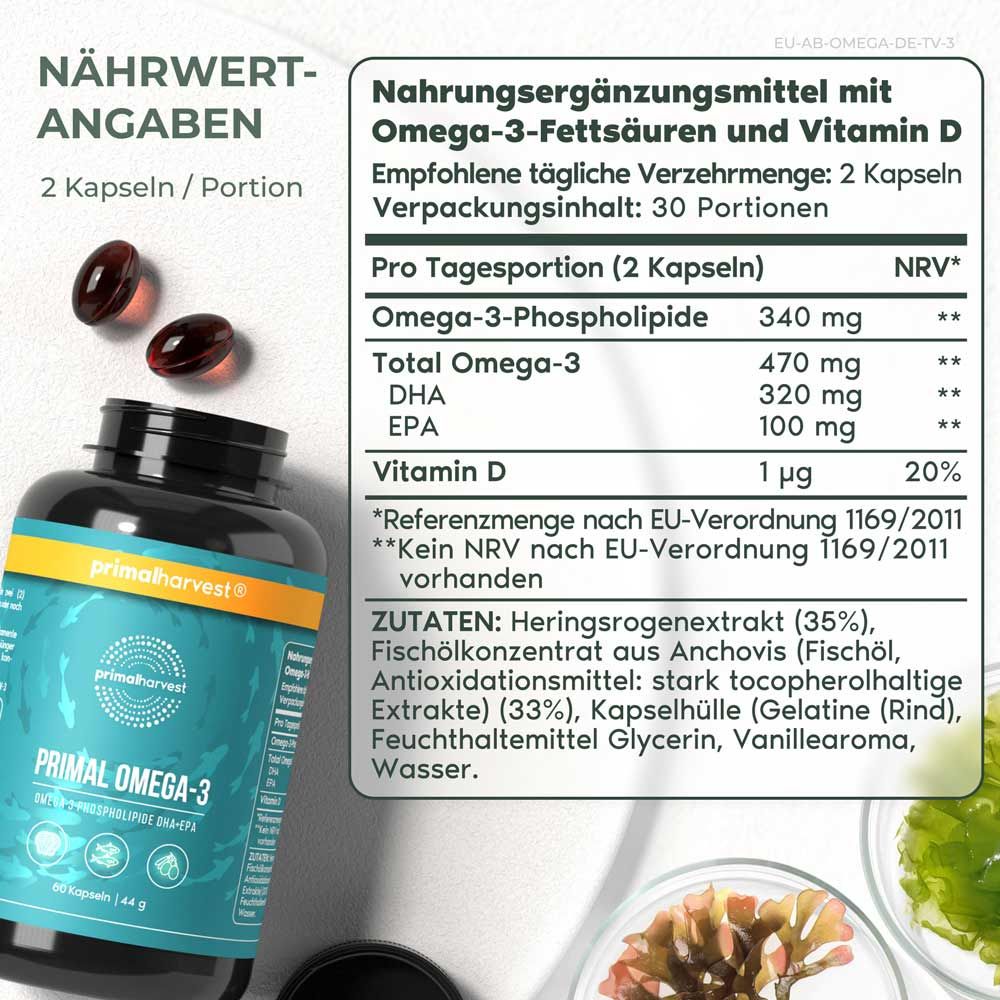 Omega-3 Premium Fischöl (Kaviar) Kapseln von Primal Harvest® 60 St