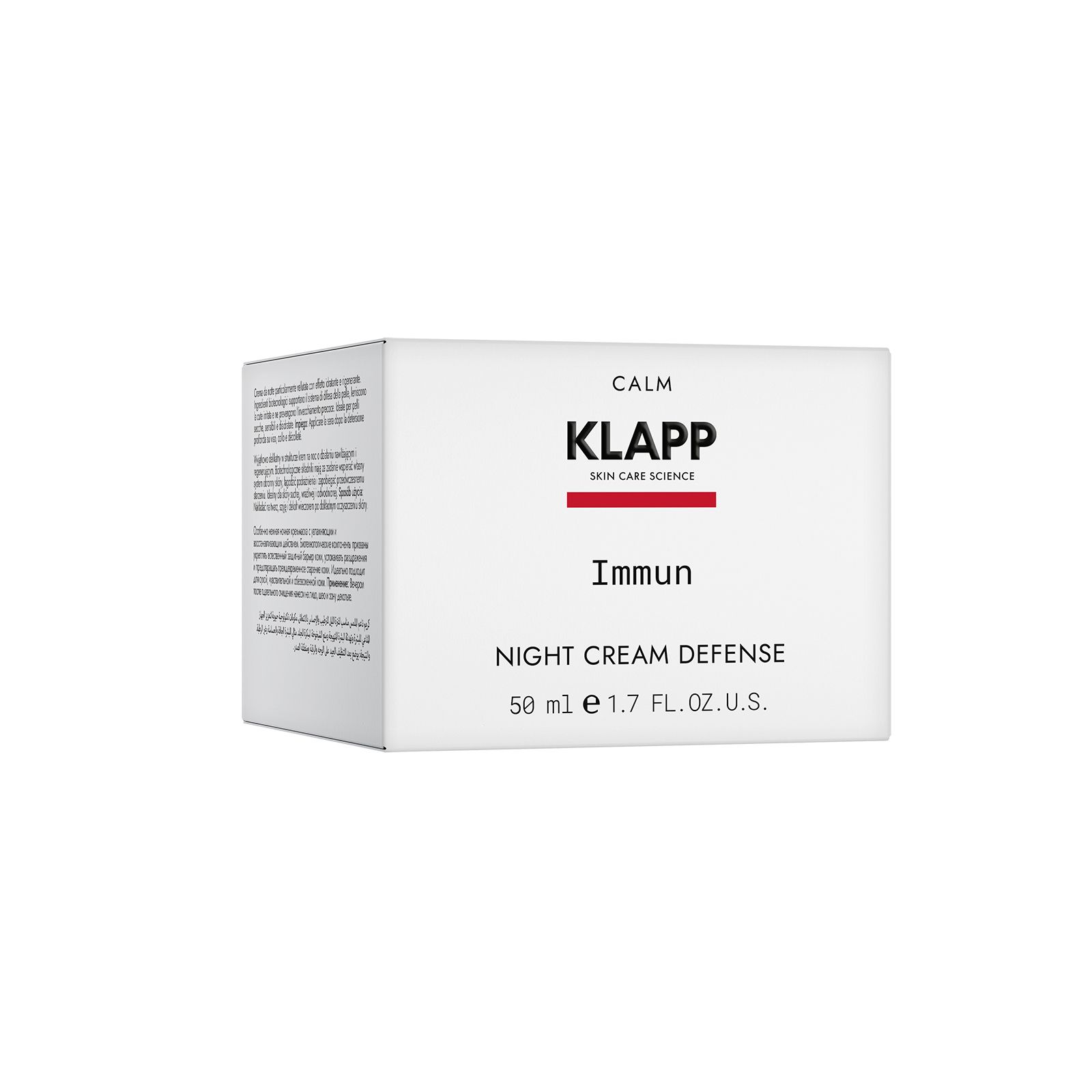 Klapp Immun Night Cream Defense. Weiße rechteckige Verpackung. Produktname, Marke und Volumenangabe sind auf der Vorderseite sichtbar.