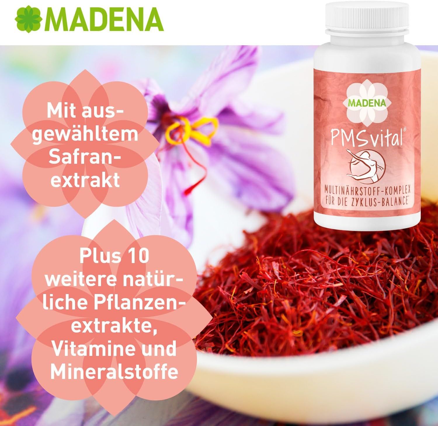 Produktflasche mit Etikett. Text: MADENA, PMSvital, Multinährstoff-Komplex für die Zyklus-Balance. Safranextrakt und weitere Pflanzenextrakte.
