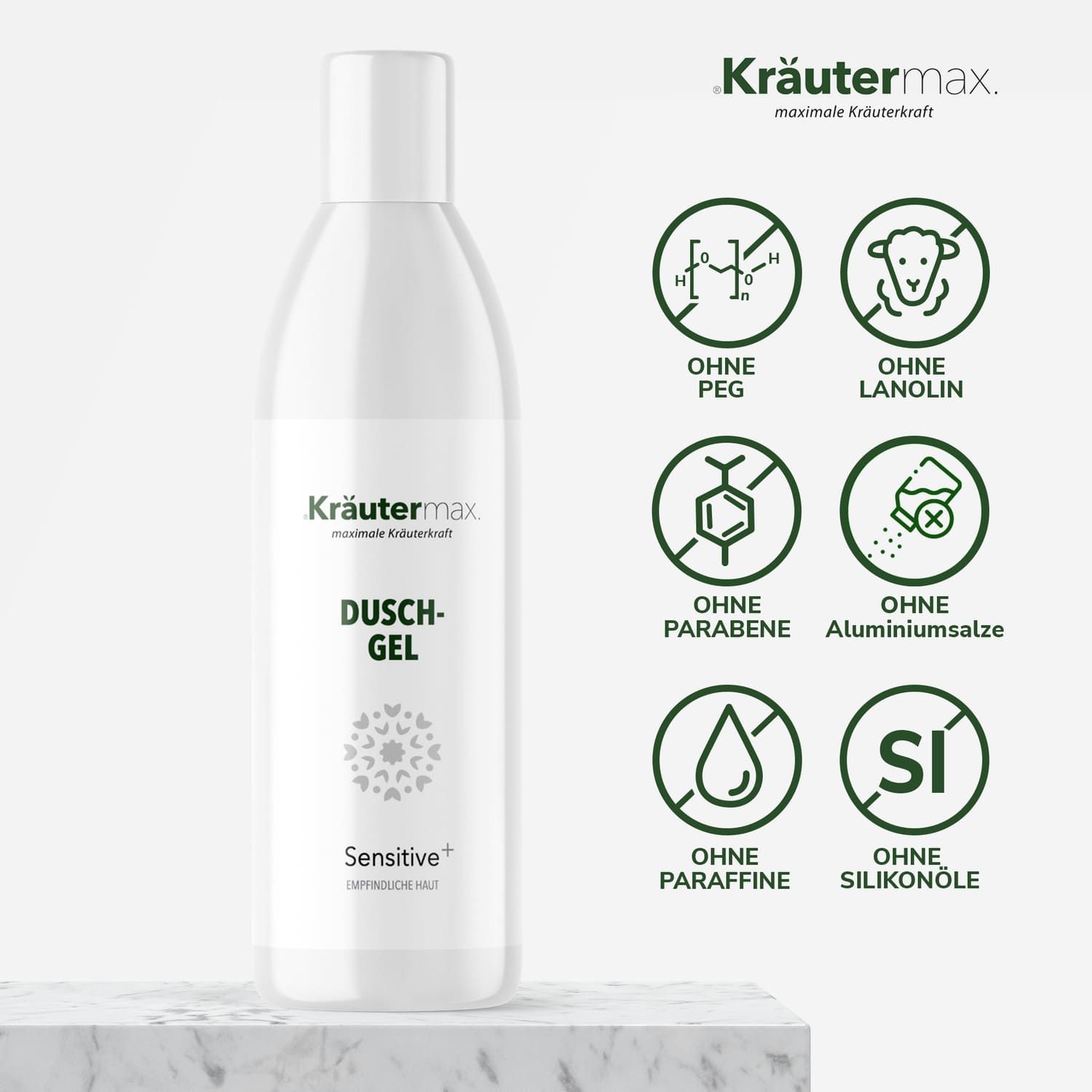 Weiße Flasche Kräutermax Duschgel Sensitive. Logos: Ohne PEG, Lanolin, Parabene, Aluminiumsalze, Paraffine, Silikonöle.