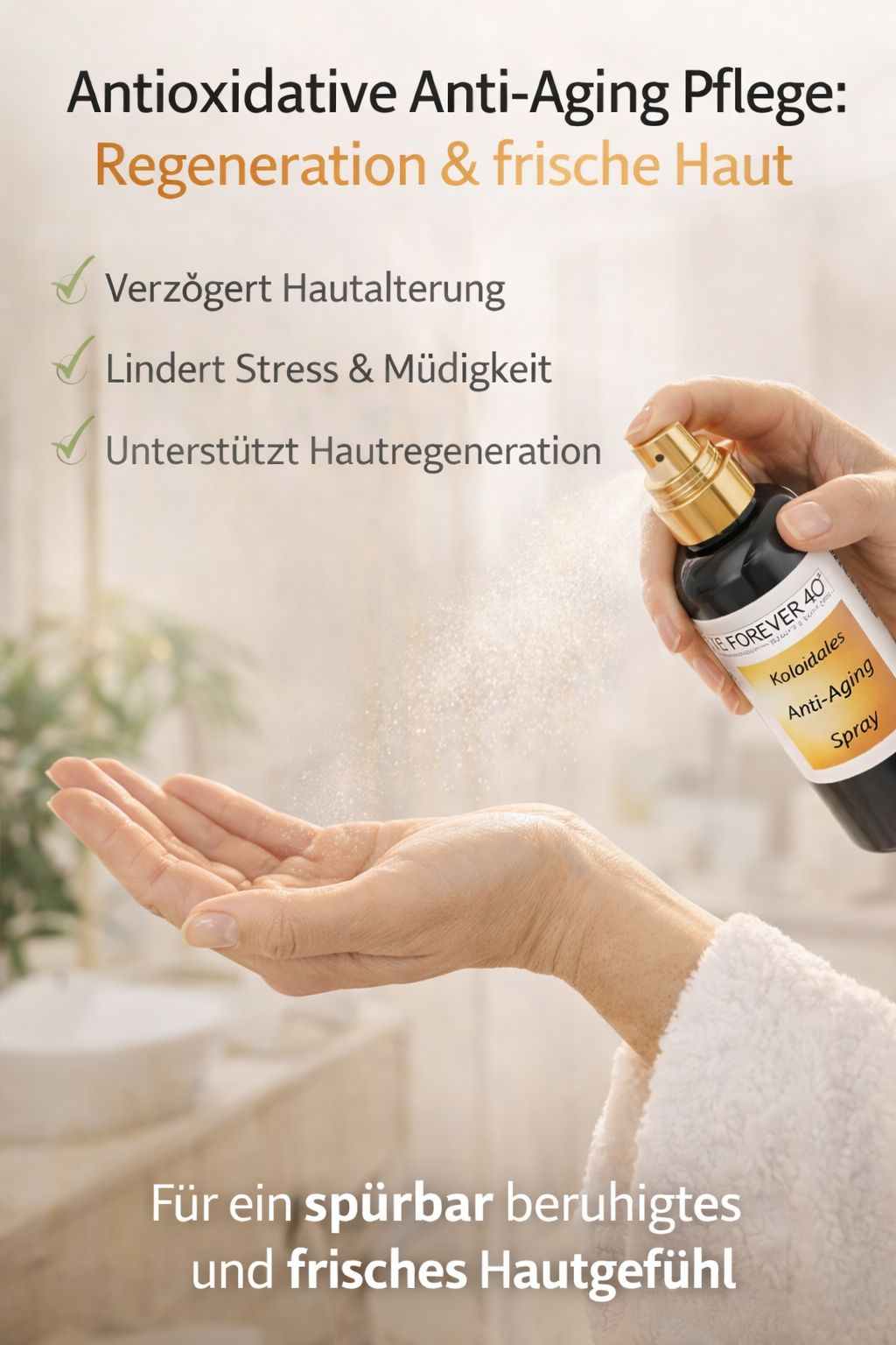 Person hält eine Sprühflasche. Produktname und Text auf dem Etikett sichtbar. Sprühnebel wird auf eine Hand gesprüht.