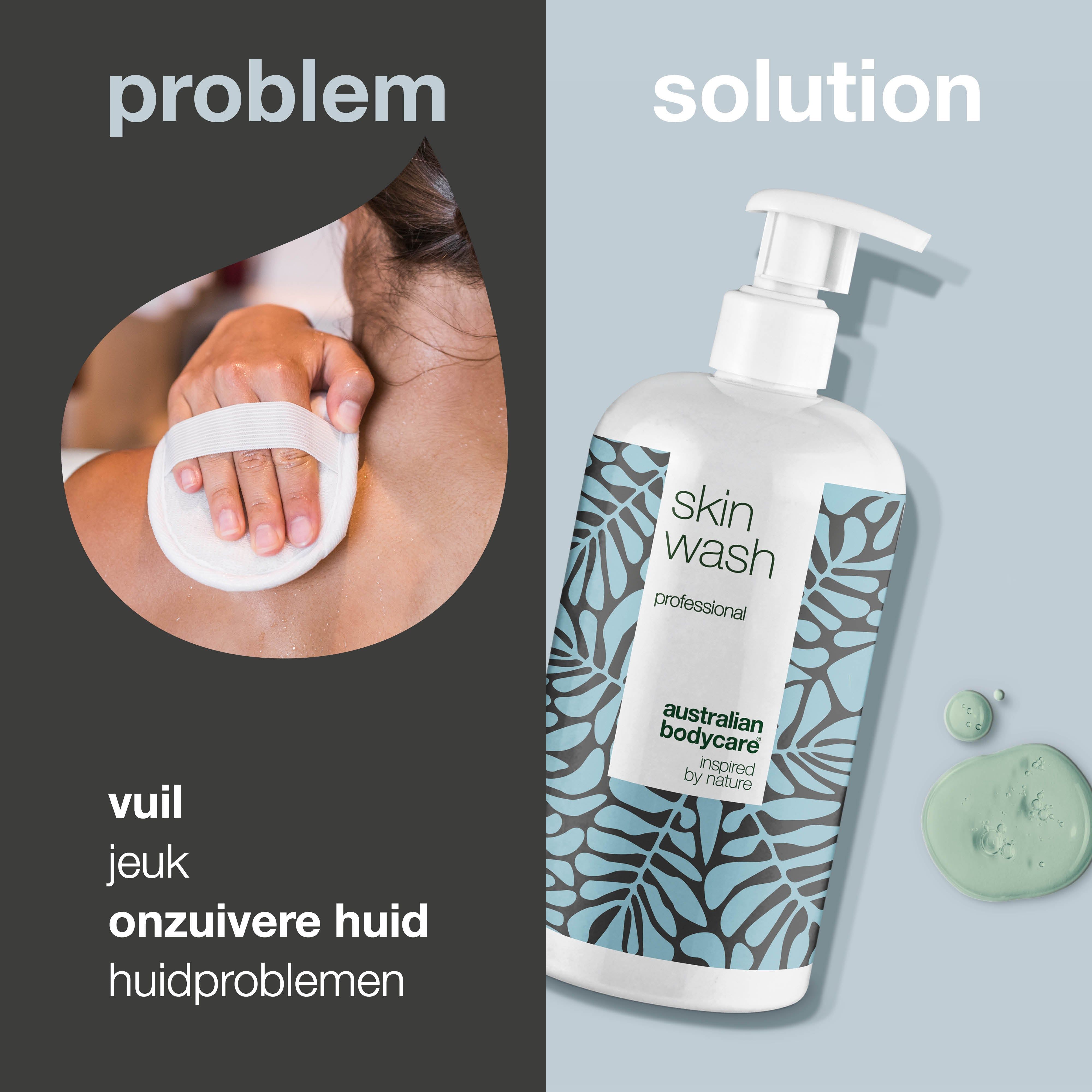 Probleem-oplossing presentatie. Vrouw met spons. 'Skin wash professional' fles. Tekst: 'vuil, jeuk, onzuivere huid'.