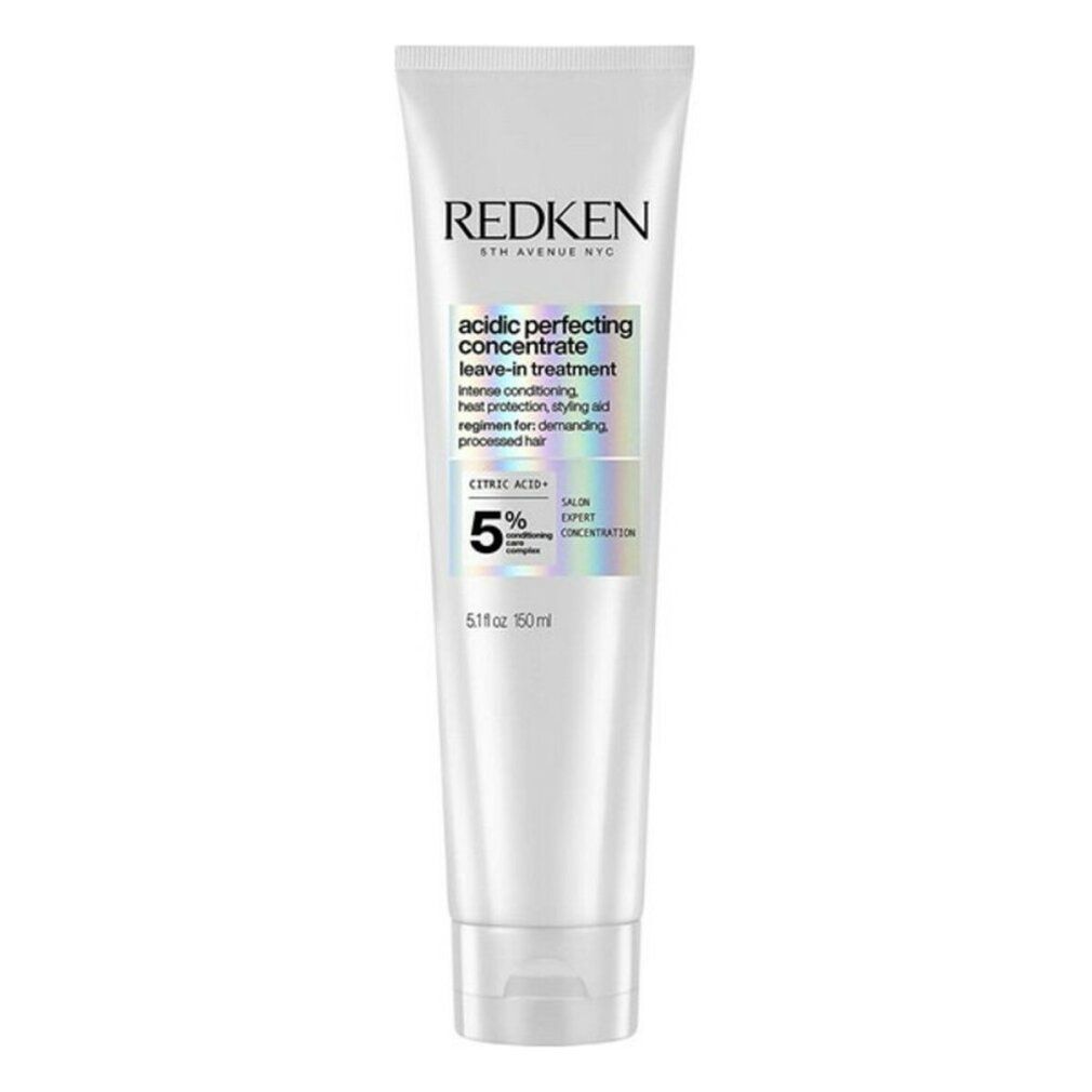 Weiße Tube mit Produkt. Aufschrift: Redken, Acidic Perfecting Concentrate Leave-in Treatment. 5% Zitronensäure. 5.1 fl oz 150 ml.