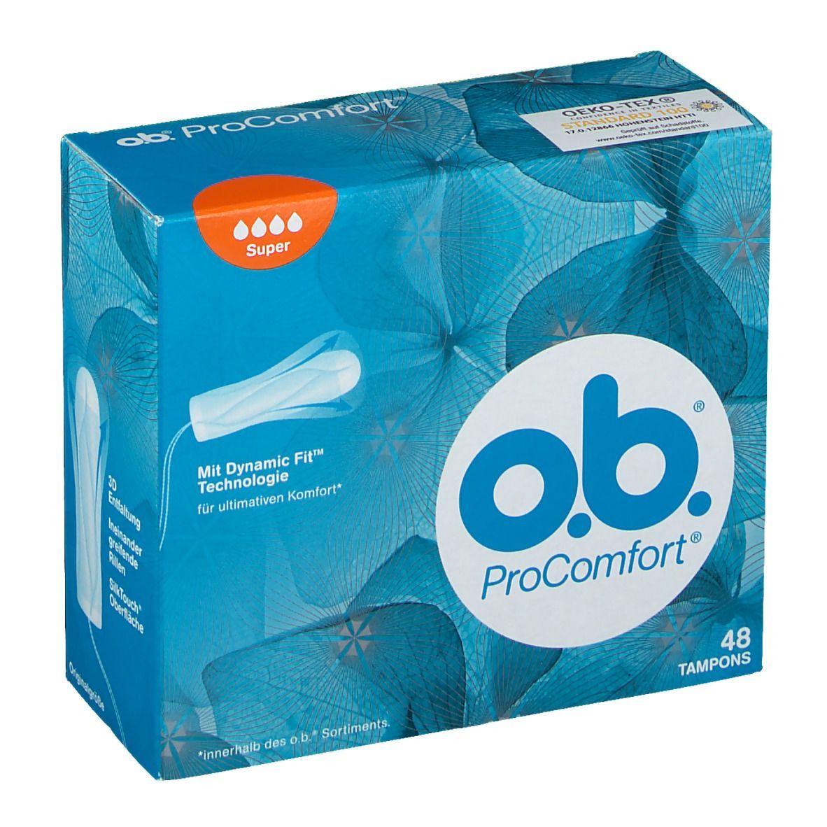 o.b.® ProComfort Super Tampons. Blaue Verpackung mit Produktabbildung und Text. 48 Tampons. Oeko-Tex Siegel.