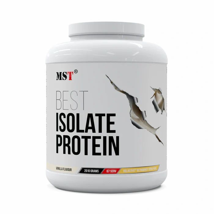 Weiße Dose mit Aufschrift MST BEST ISOLATE PROTEIN. Vanille-Geschmack. 2010 Gramm, 67 Portionen. Riss-Design.