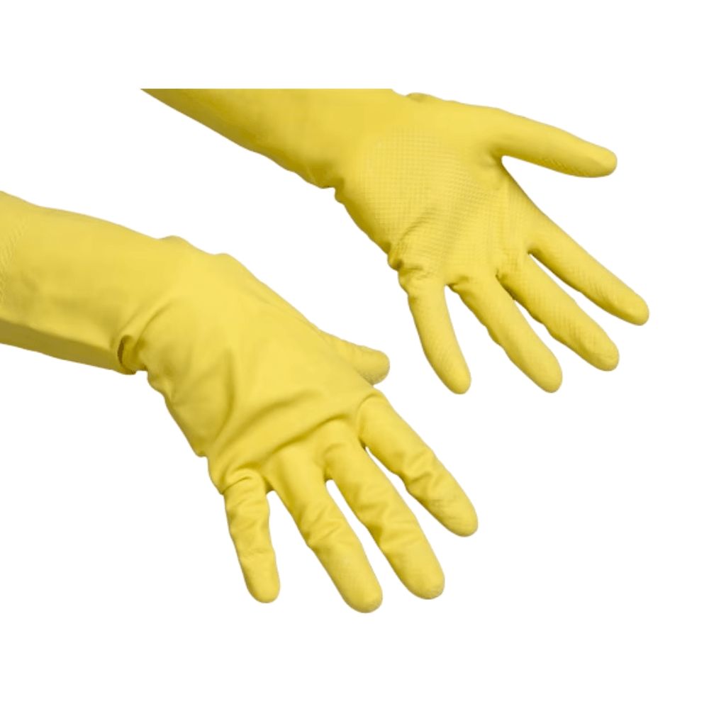 Gelbe Gummihandschuhe. Die Handschuhe sind auf einer weißen Oberfläche abgebildet. Die Handschuhe sind in einer offenen Position.