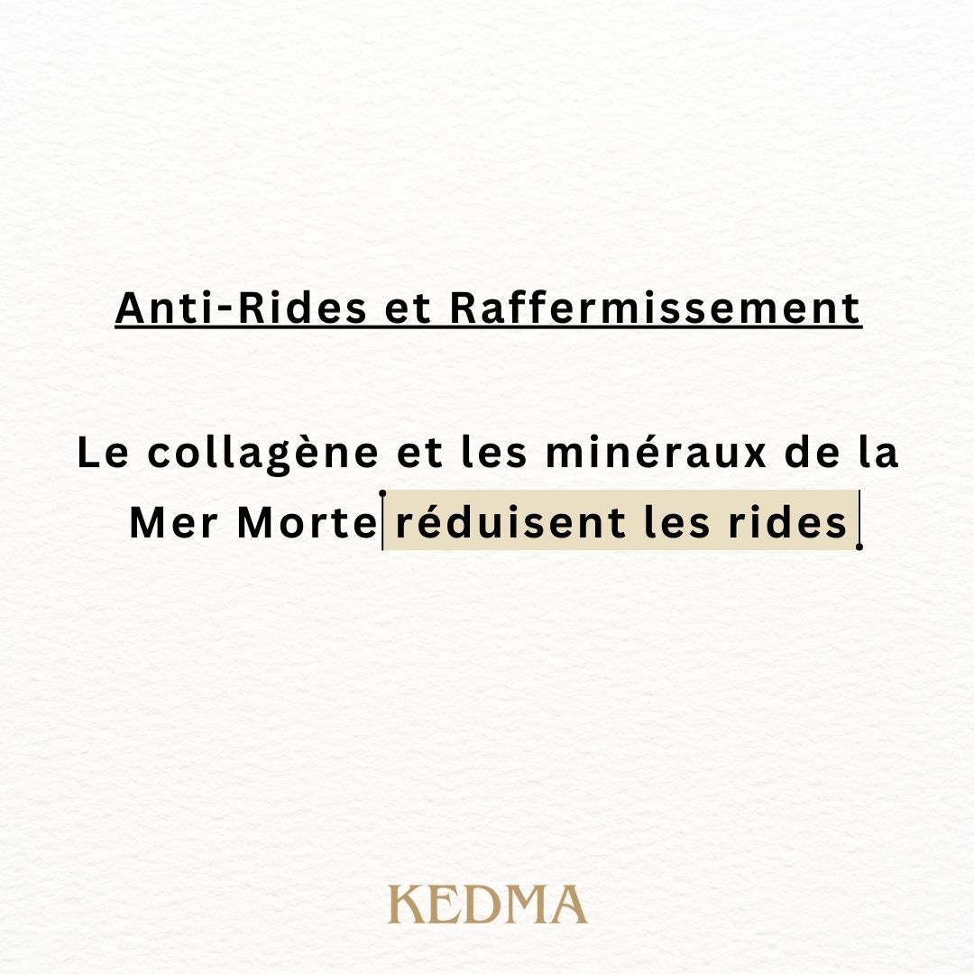 Texte : Anti-rides et raffermissement. Le collagène et les minéraux de la Mer Morte réduisent les rides. KEDMA.