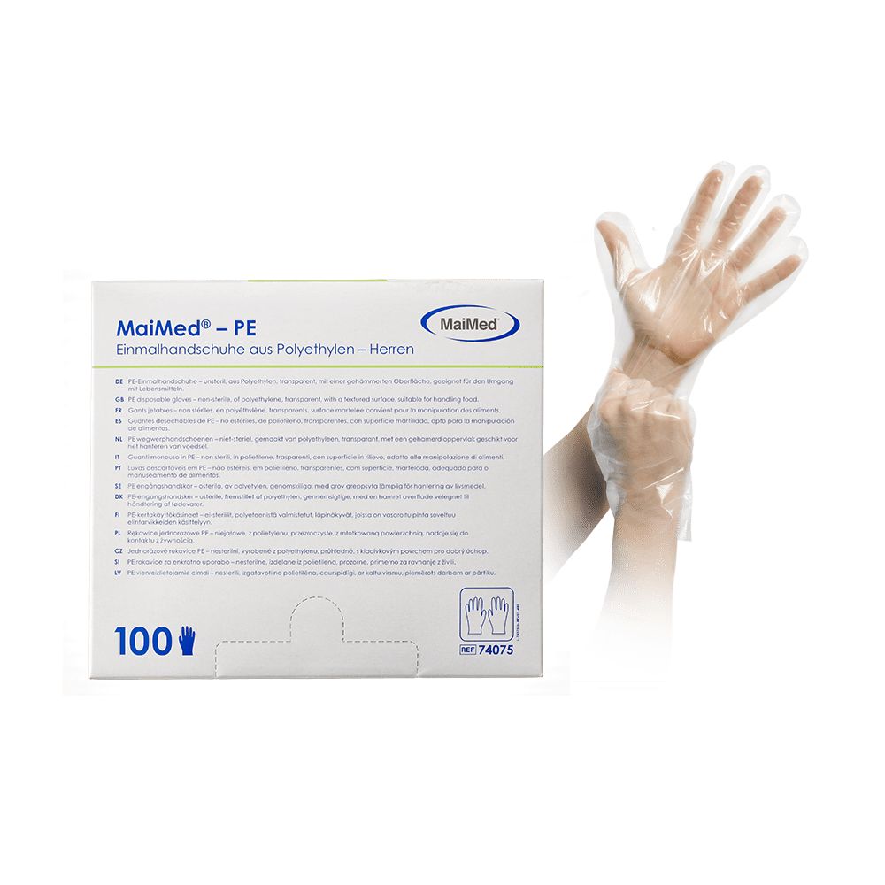 Box mit MaiMed-PE Einmalhandschuhen. Hände mit transparenten Handschuhen. 100 Stück. Aufdruck: MaiMed, Einmalhandschuhe aus Polyethylen.