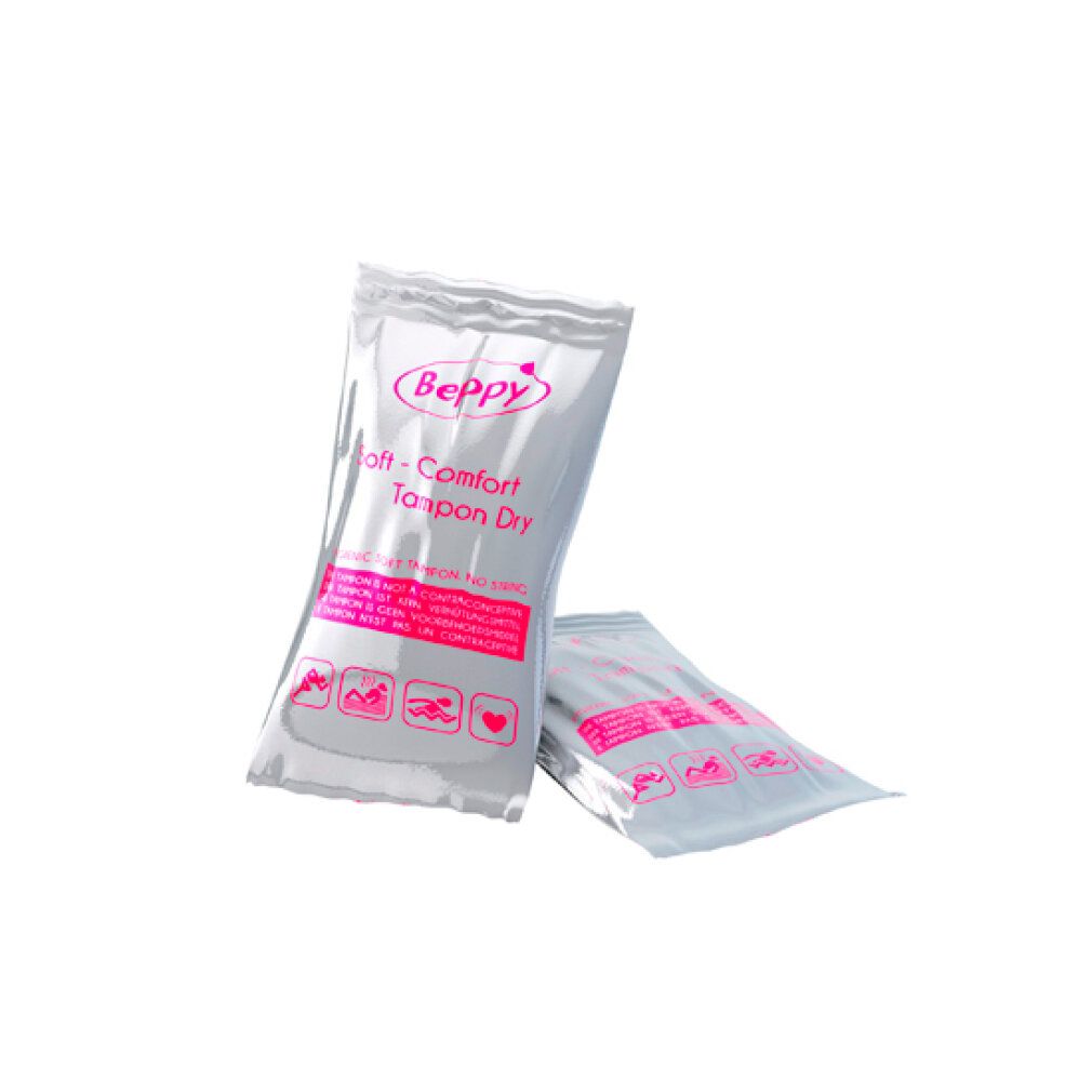 Zwei Beppy Soft & Comfort Tampon Dry in Folienverpackung. Rosa Schrift, weißer Hintergrund. Produktname sichtbar.