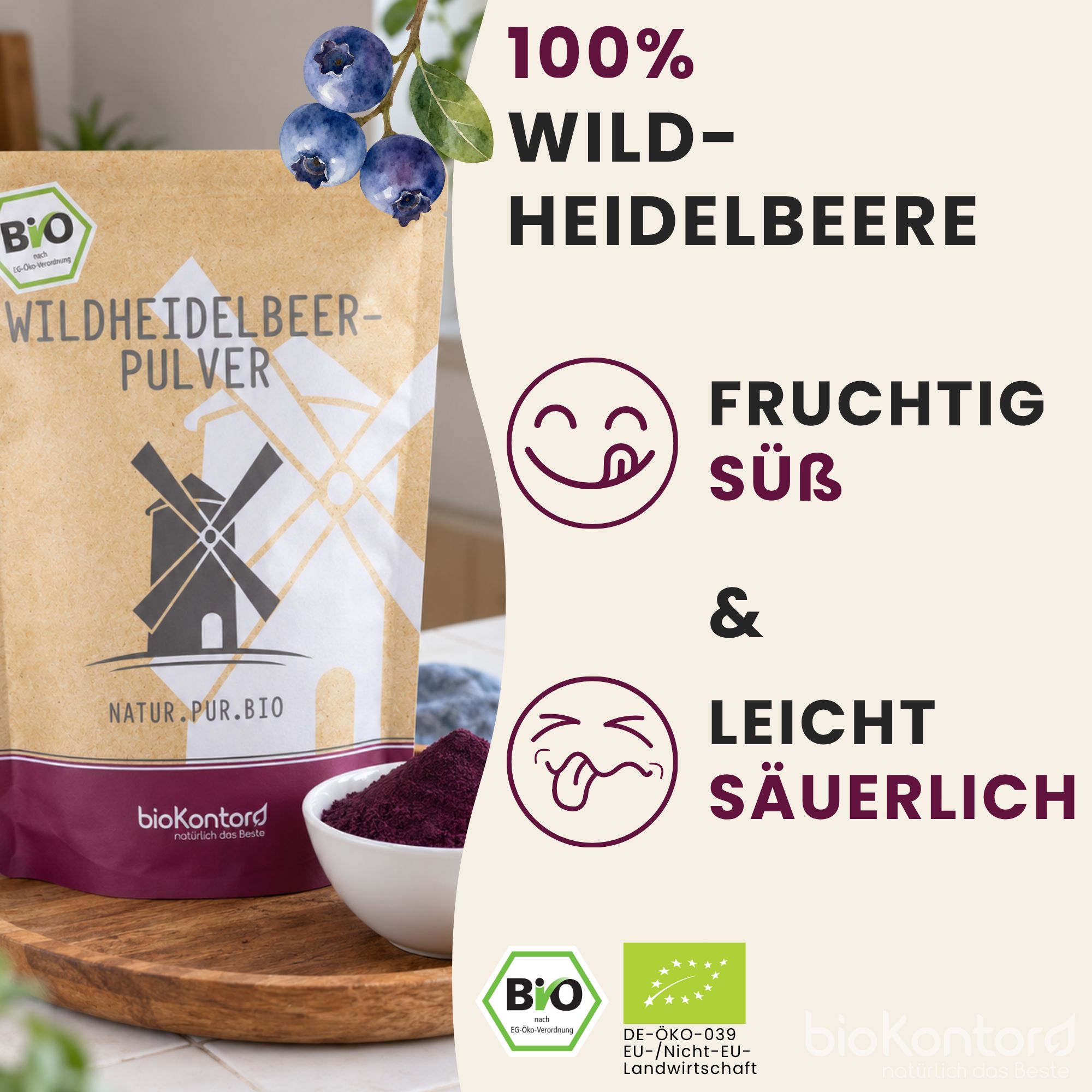 BioKontor Wildheidelbeer Pulver: 100% Frucht, fruchtig süß und leicht säuerlich.