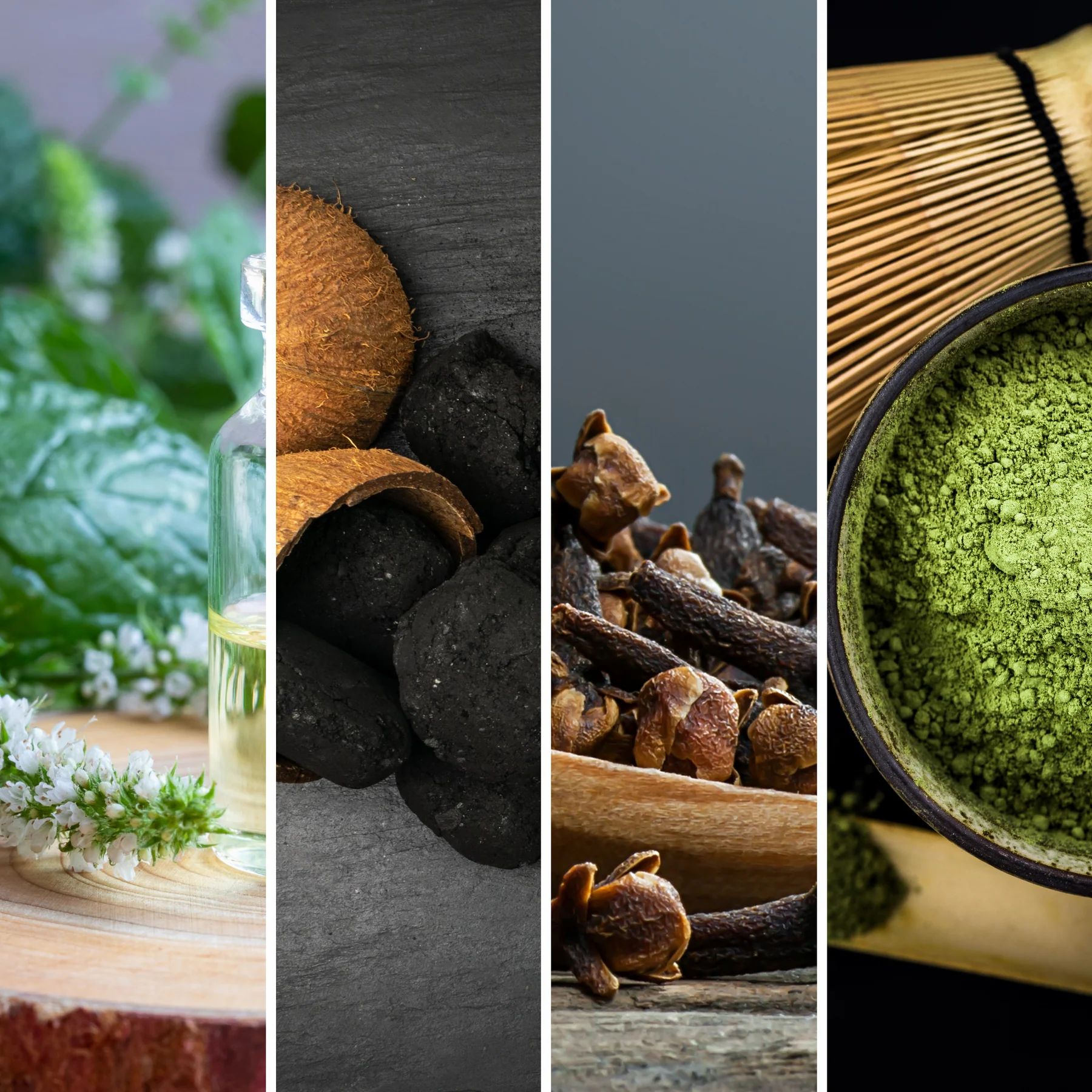 Ein Collage-Bild, das vier verschiedene Elemente zeigt: eine Flasche mit ätherischem Öl, Zahnpasta-Tabs, Nelken und Matcha-Pulver mit einem Bambusbesen.