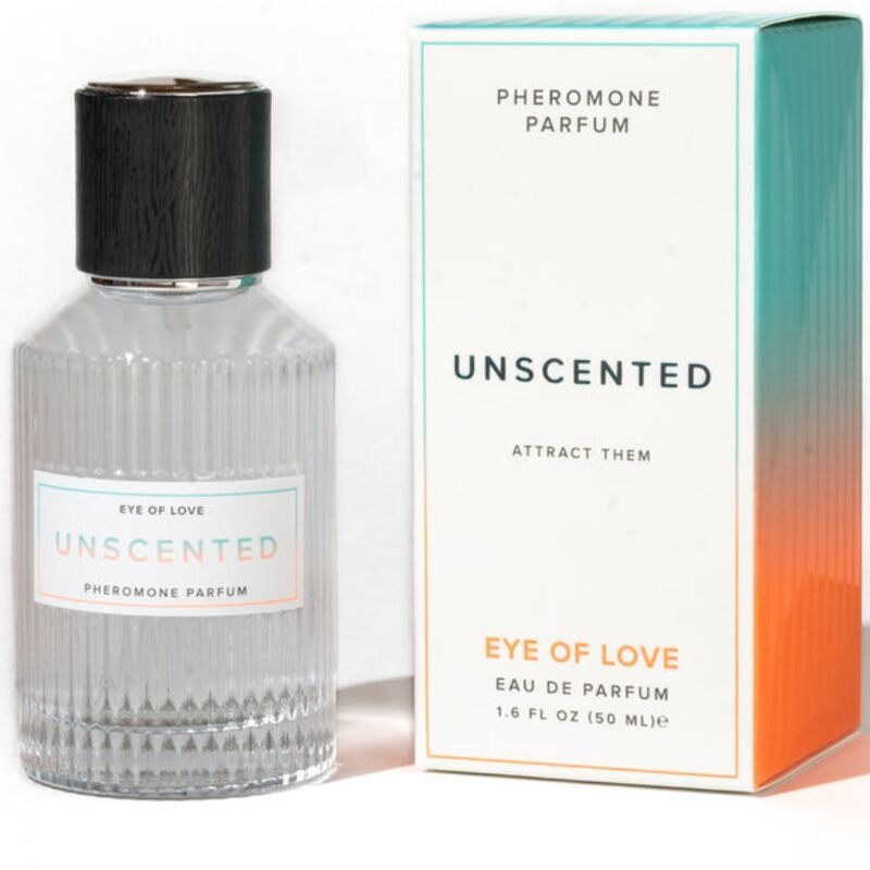 Glasflakon mit schwarzem Deckel und Verpackung. Aufschrift: Unscented, Eye of Love, Pheromon Parfum.