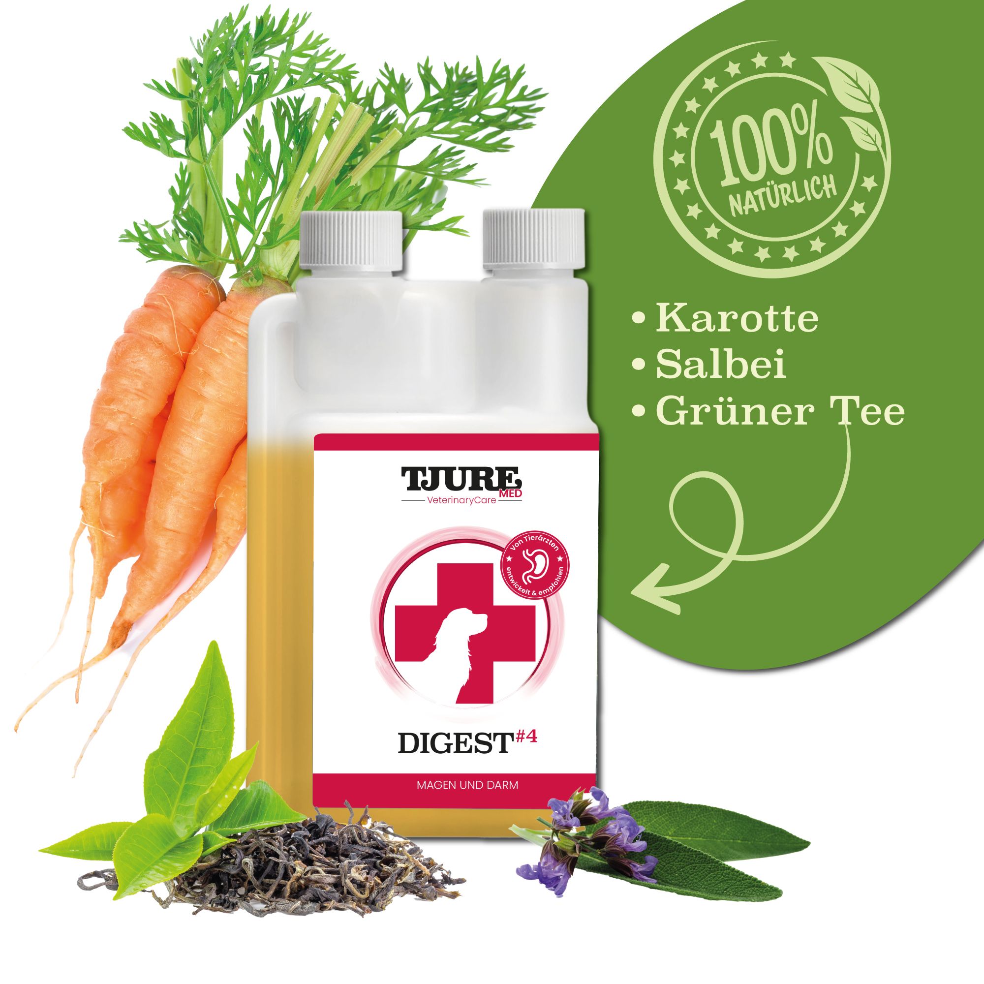 Zwei Flaschen TJURE MED DIGEST #4. Gelbe Flüssigkeit. Karotten, Salbei, grüner Tee. Logo mit Hund und rotem Kreuz.